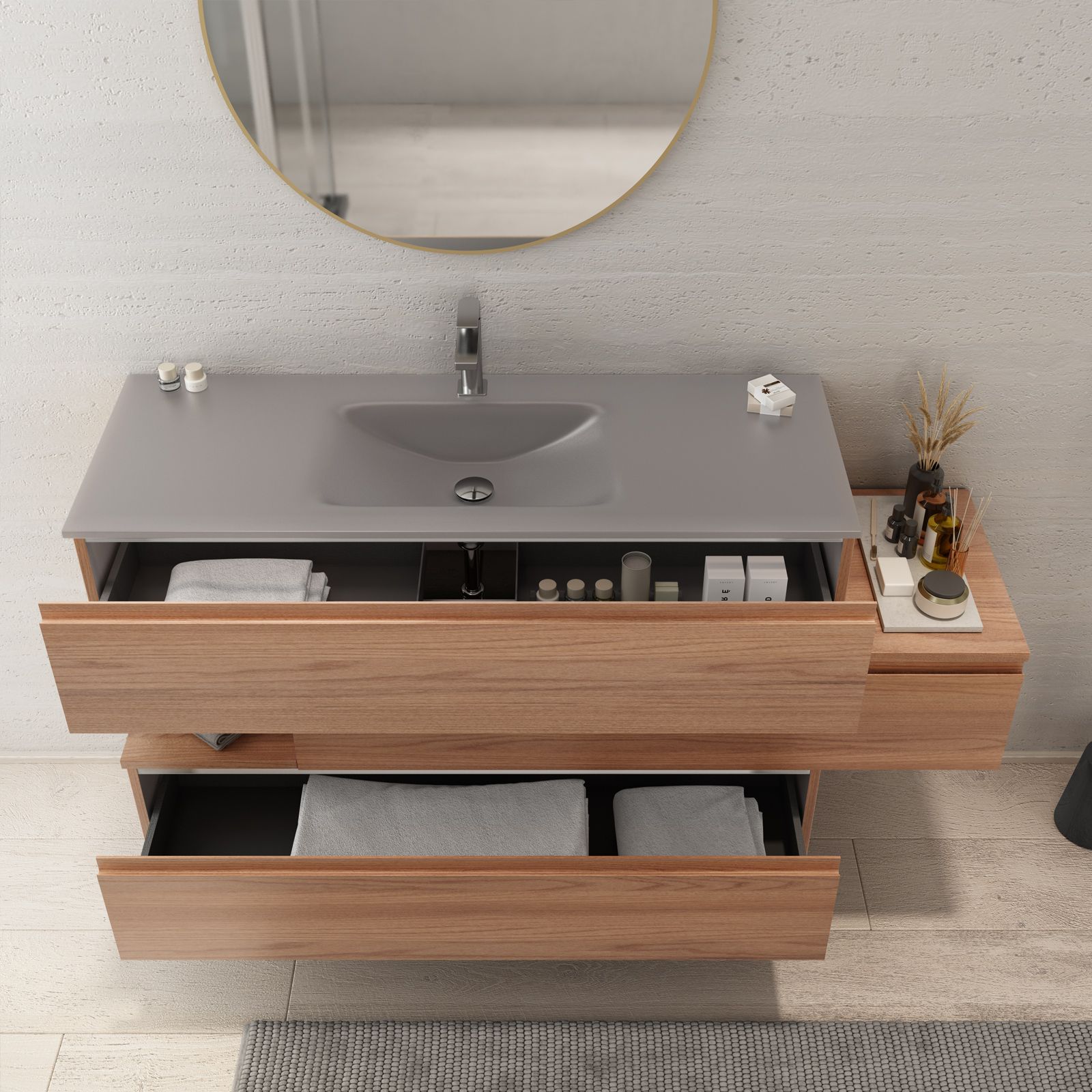 Mobile bagno sospeso 150 cm cassetto centrale dx noce maior e lavabo vetro  marrone kodiak - Rodeo