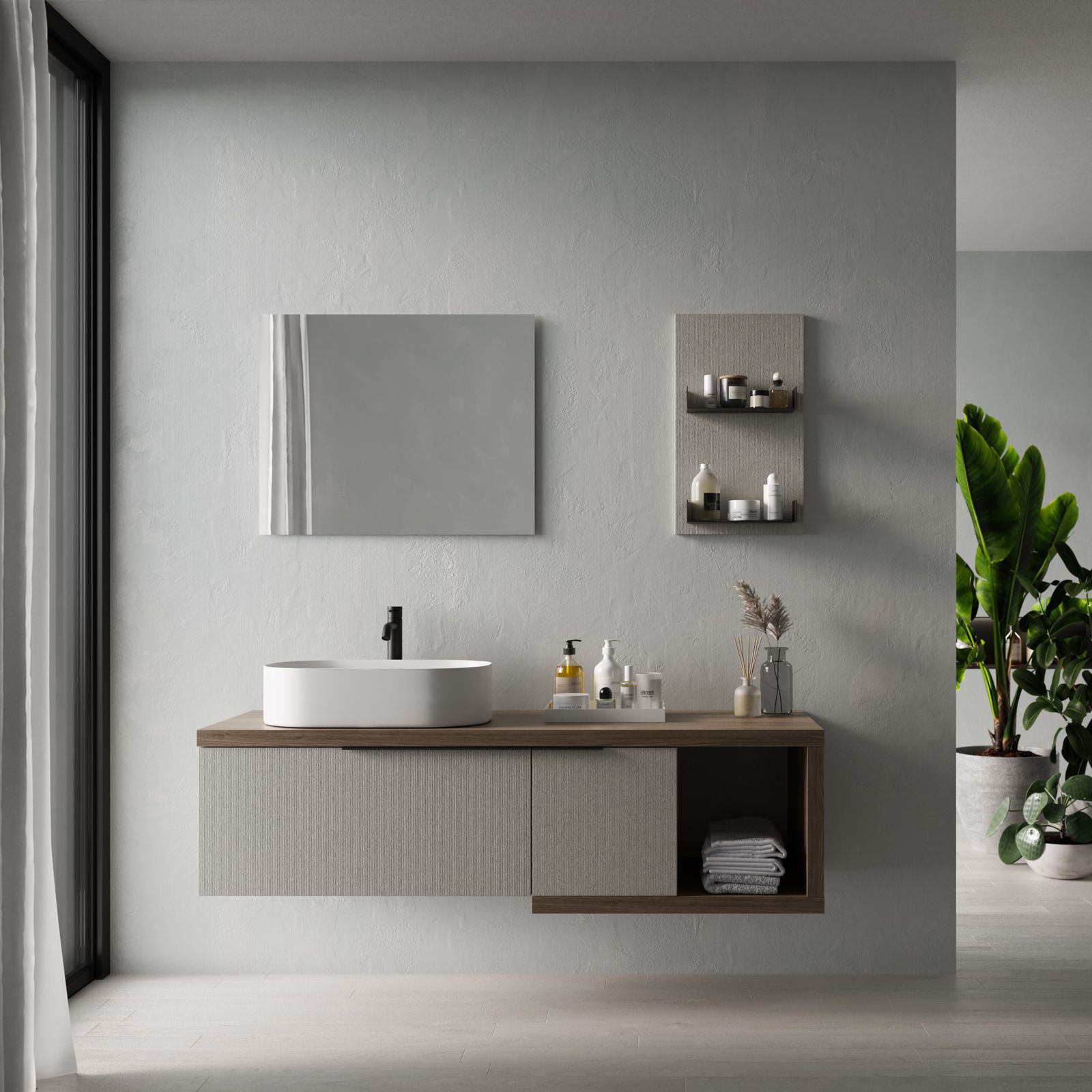 Mobile bagno sospeso 150 cm profondo 51,5 cm bianco sx e specchio -  Desiderato Plus