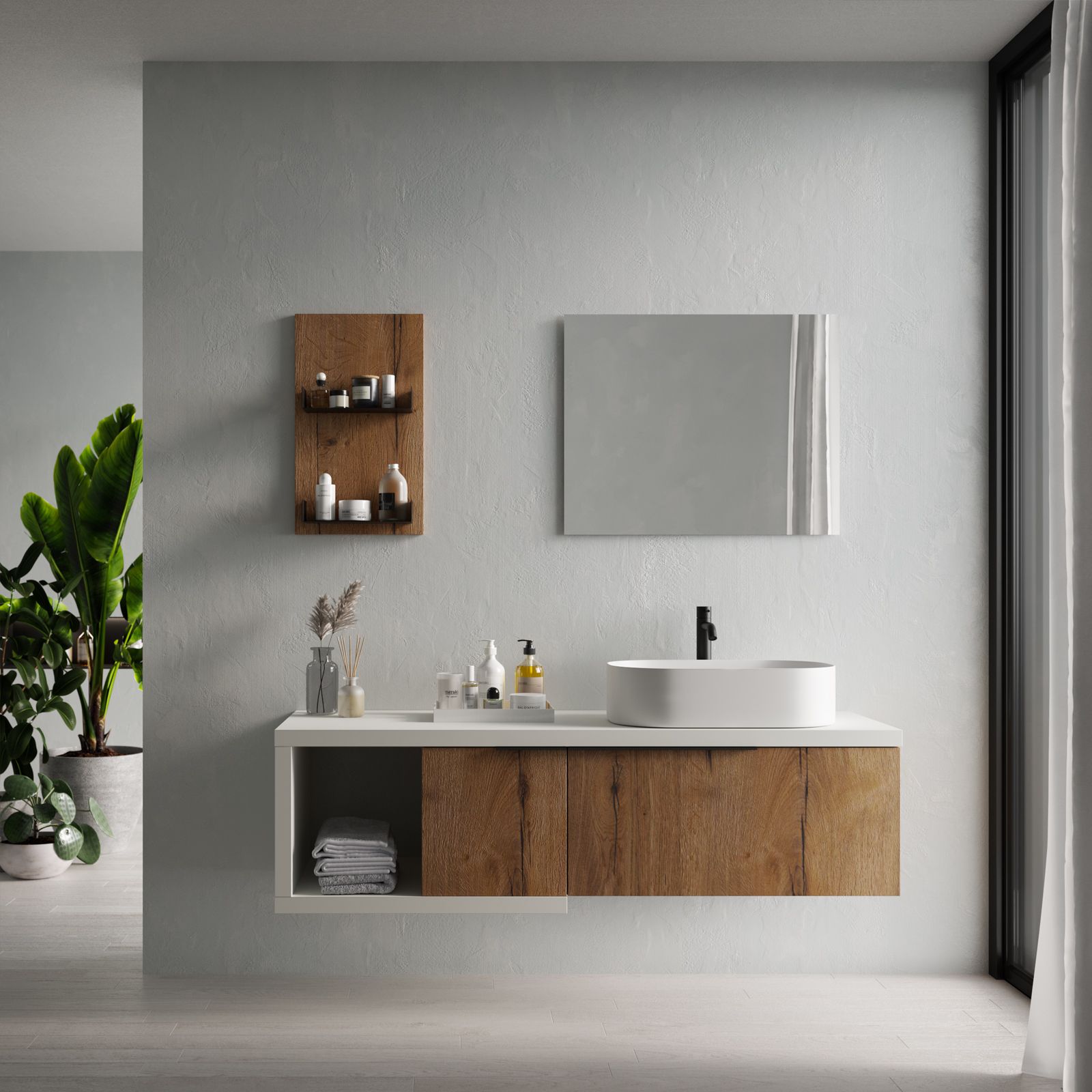 Mobile bagno sospeso 150 cm profondo 51,5 cm rovere caramell con boiserie  sx e specchio - Desiderato