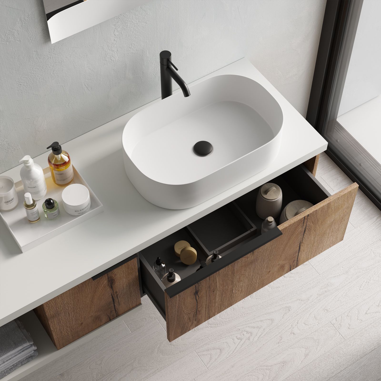 Mobile bagno sospeso 150 cm profondo 51,5 cm rovere caramell con boiserie  sx e specchio - Desiderato