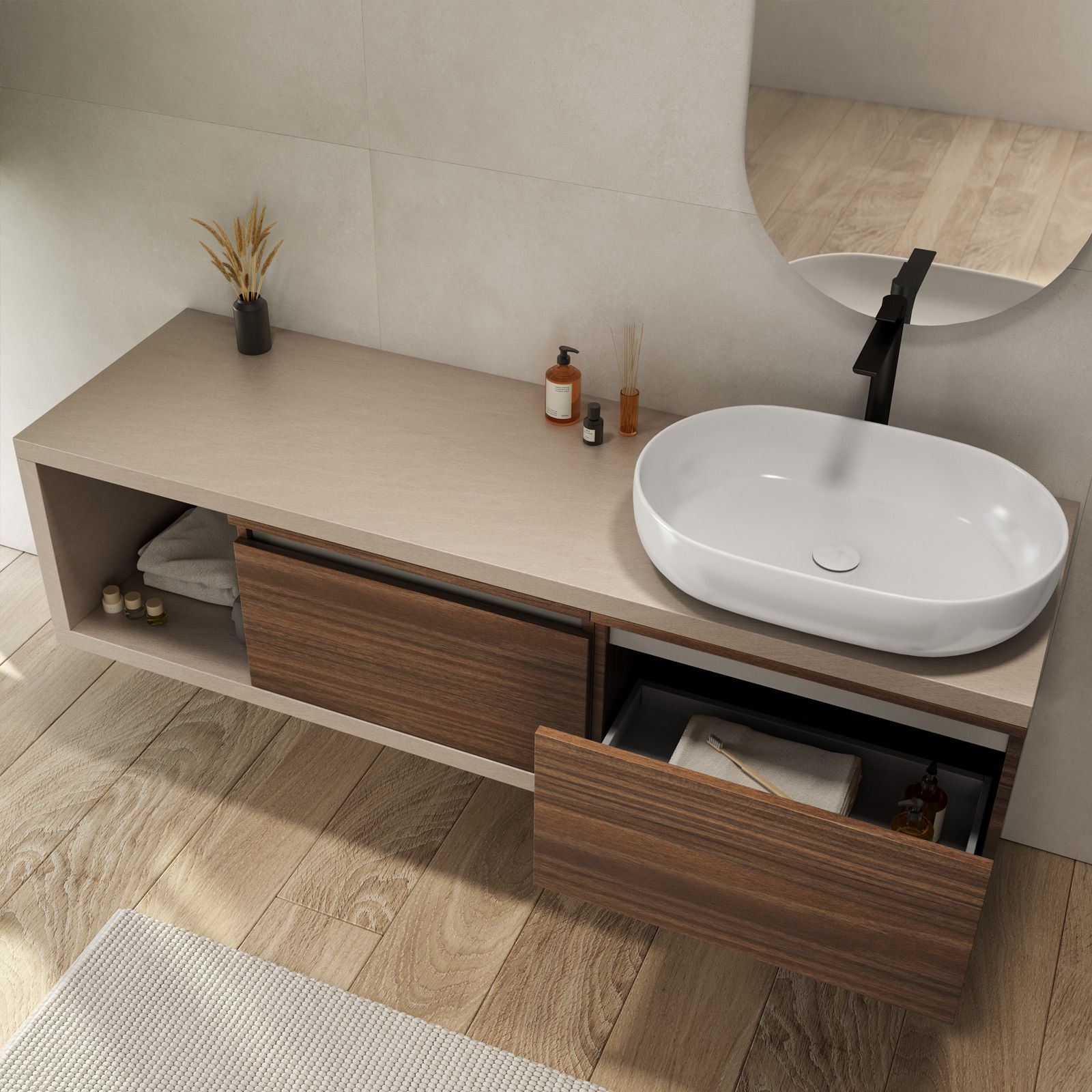 Mobile bagno sospeso 160 cm argilla con cassettoni rovere deciso e