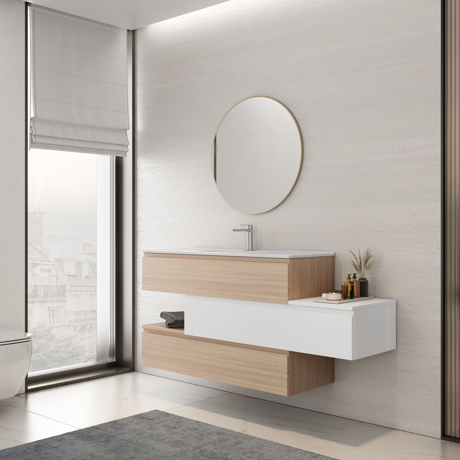 Mobile bagno sospeso 150 cm cassetto inferiore sx rovere portofino e bianco  opaco con lavabo e