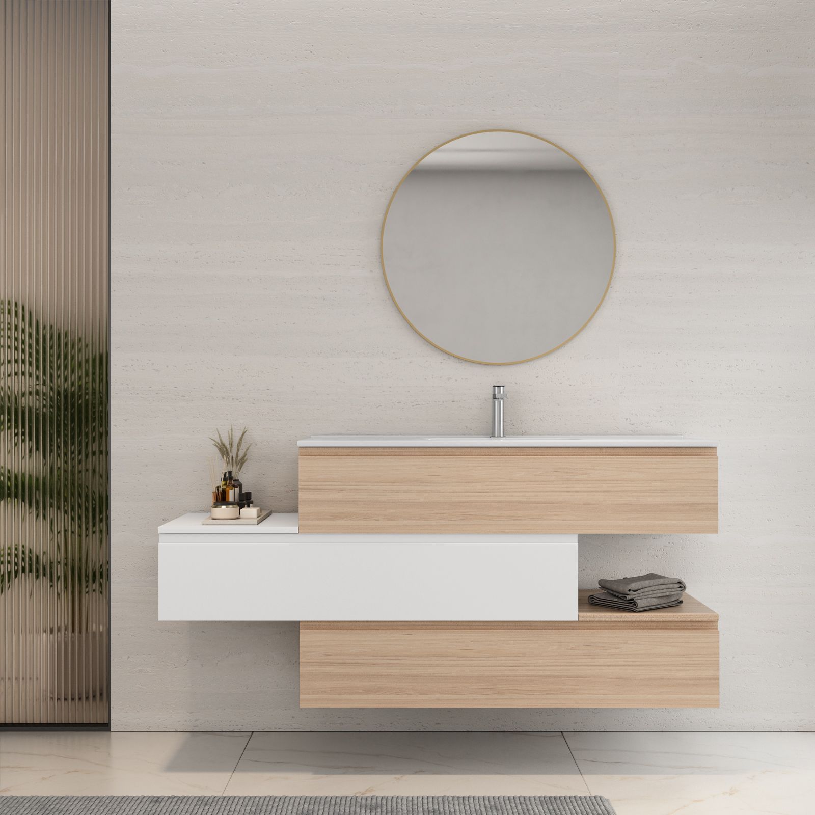 Mobile bagno sospeso 160 cm cassetto centrale sx rovere portofino e bianco  opaco con lavabo e specchio - Rodeo