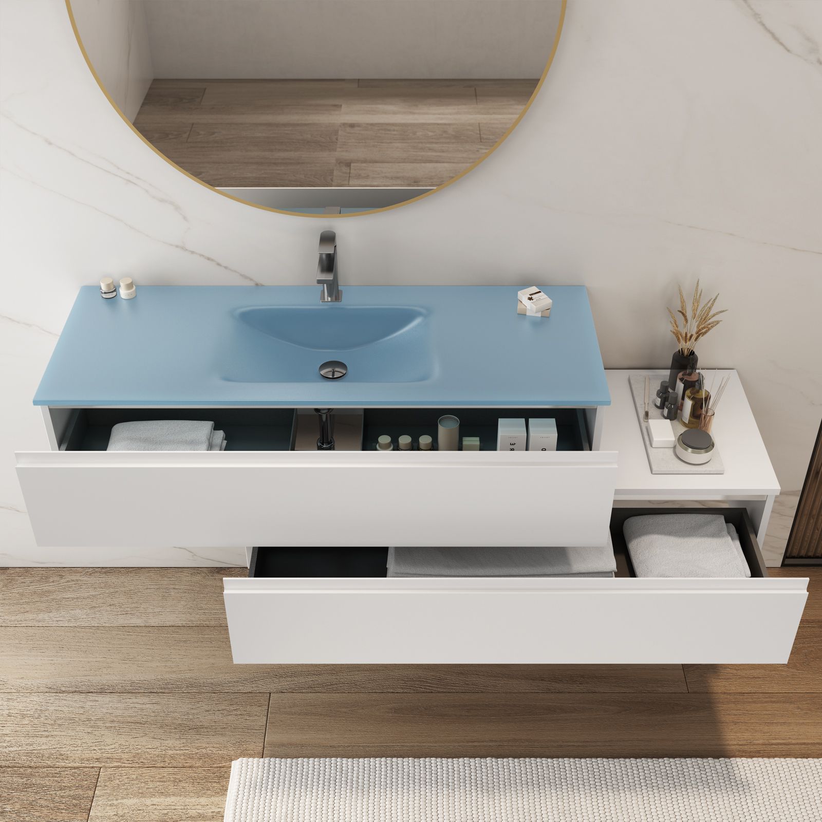 Mobile bagno sospeso 160 cm cassetto inferiore dx bianco opaco e lavabo  vetro blu opaco - Rodeo