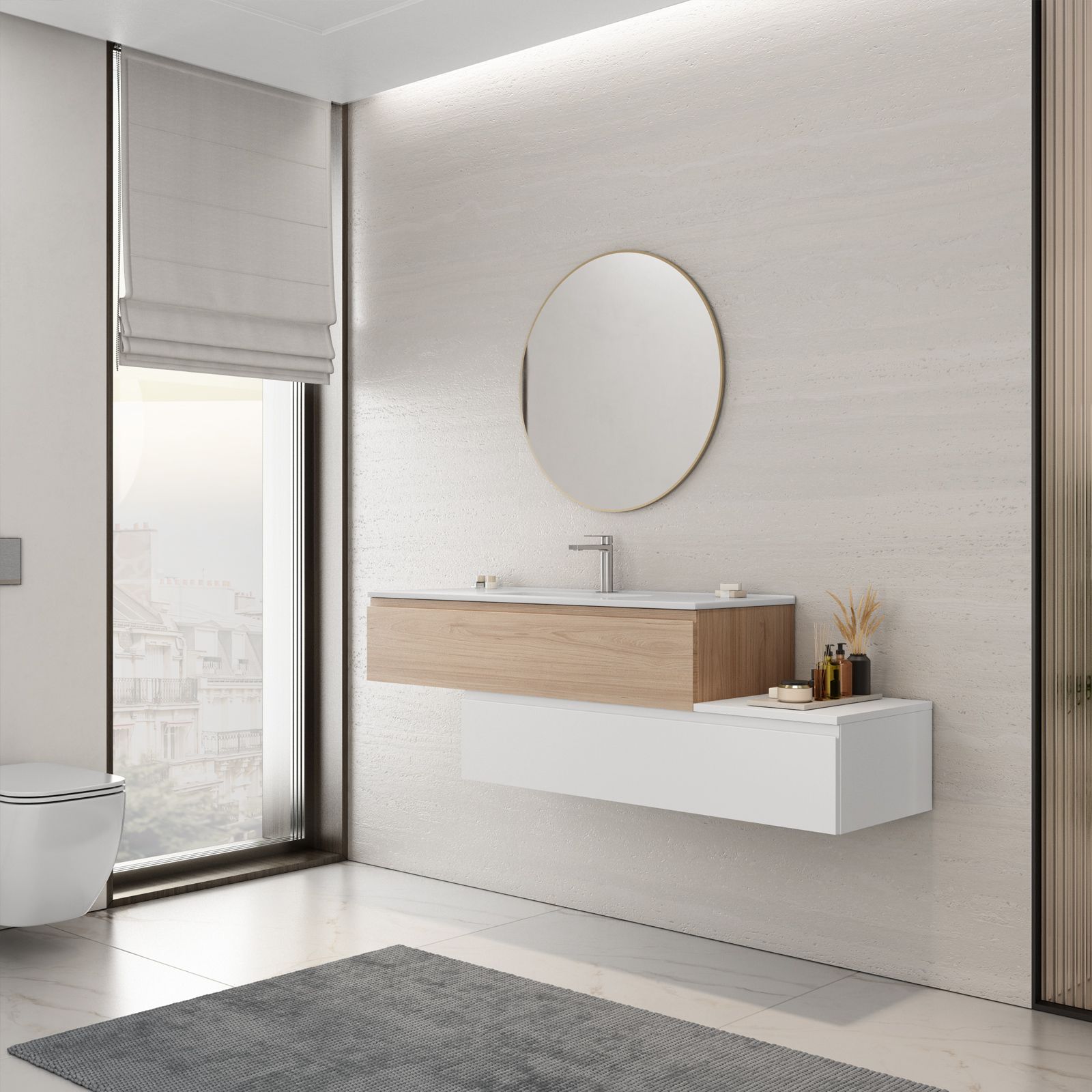 Mobile bagno sospeso 160 cm rovere caramel con lavabo boiserie e