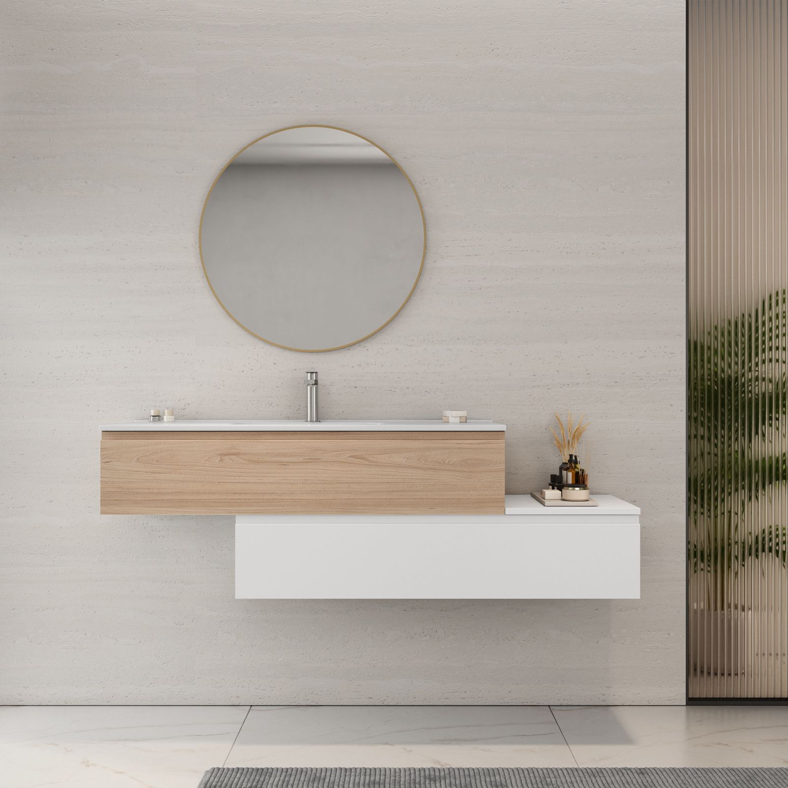 Mobile bagno sospeso 160 cm cassetto inferiore dx rovere portofino e bianco  opaco con lavabo e specchio - Rodeo