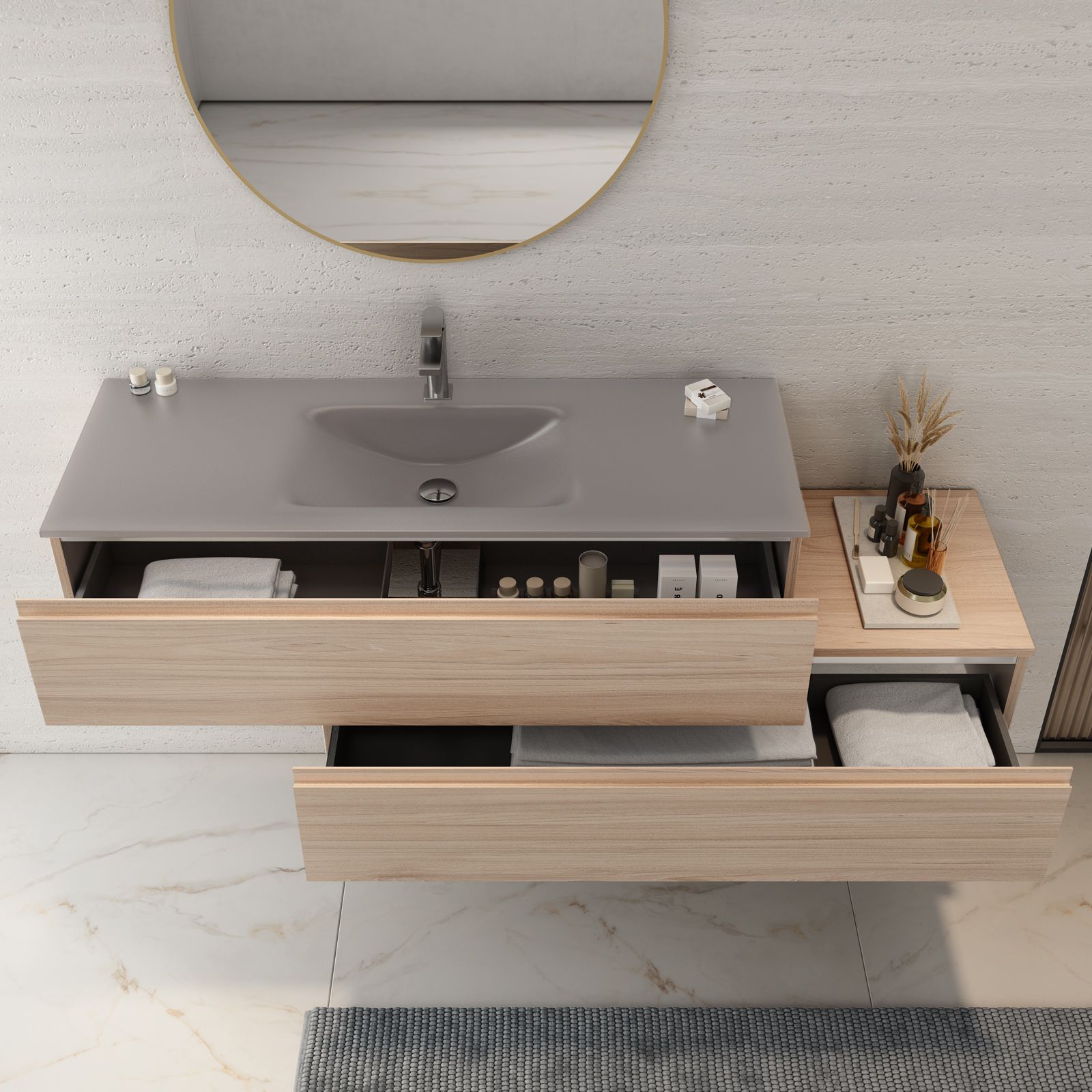 Mobile bagno sospeso 160 cm cassetto inferiore dx rovere portofino e lavabo  vetro marrone kodiak - Rodeo