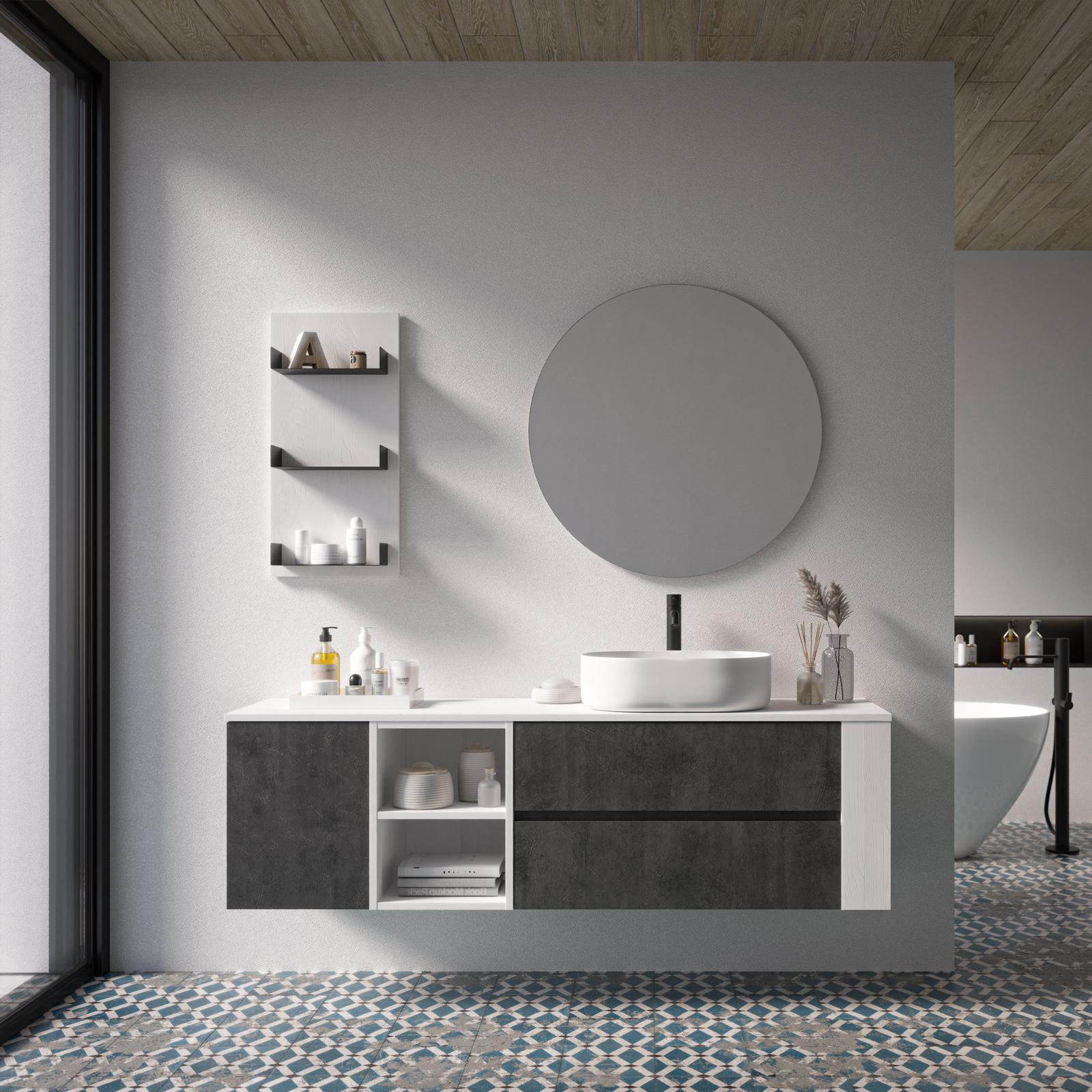 Mobile bagno sospeso 162 cm tortora cruz con boiserie a sx e