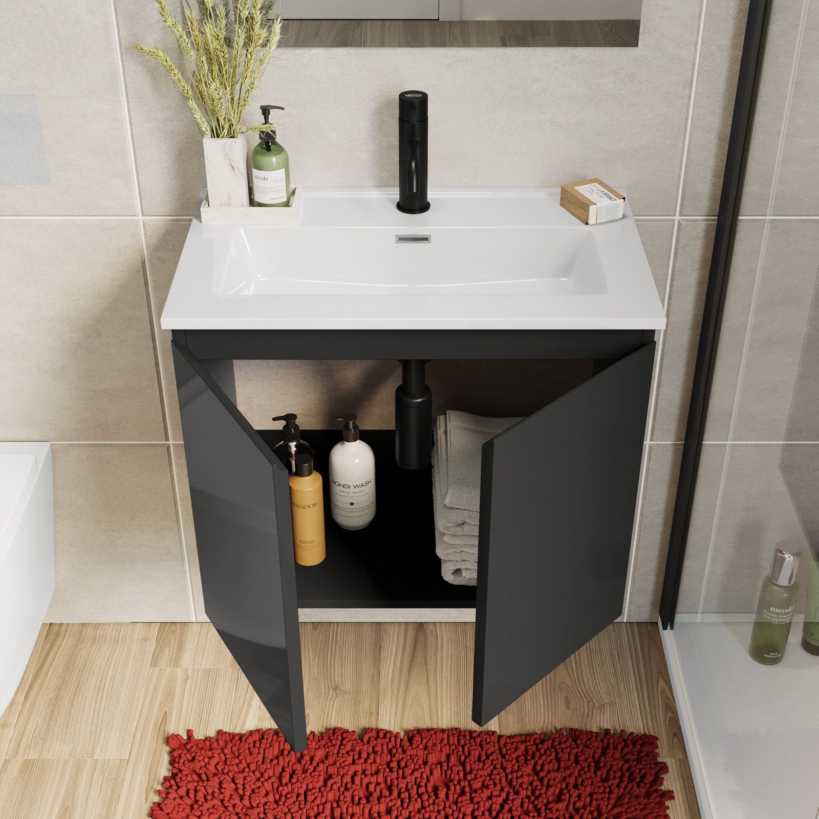 Mobile bagno sospeso 60 cm con doppia anta antracite - Compact