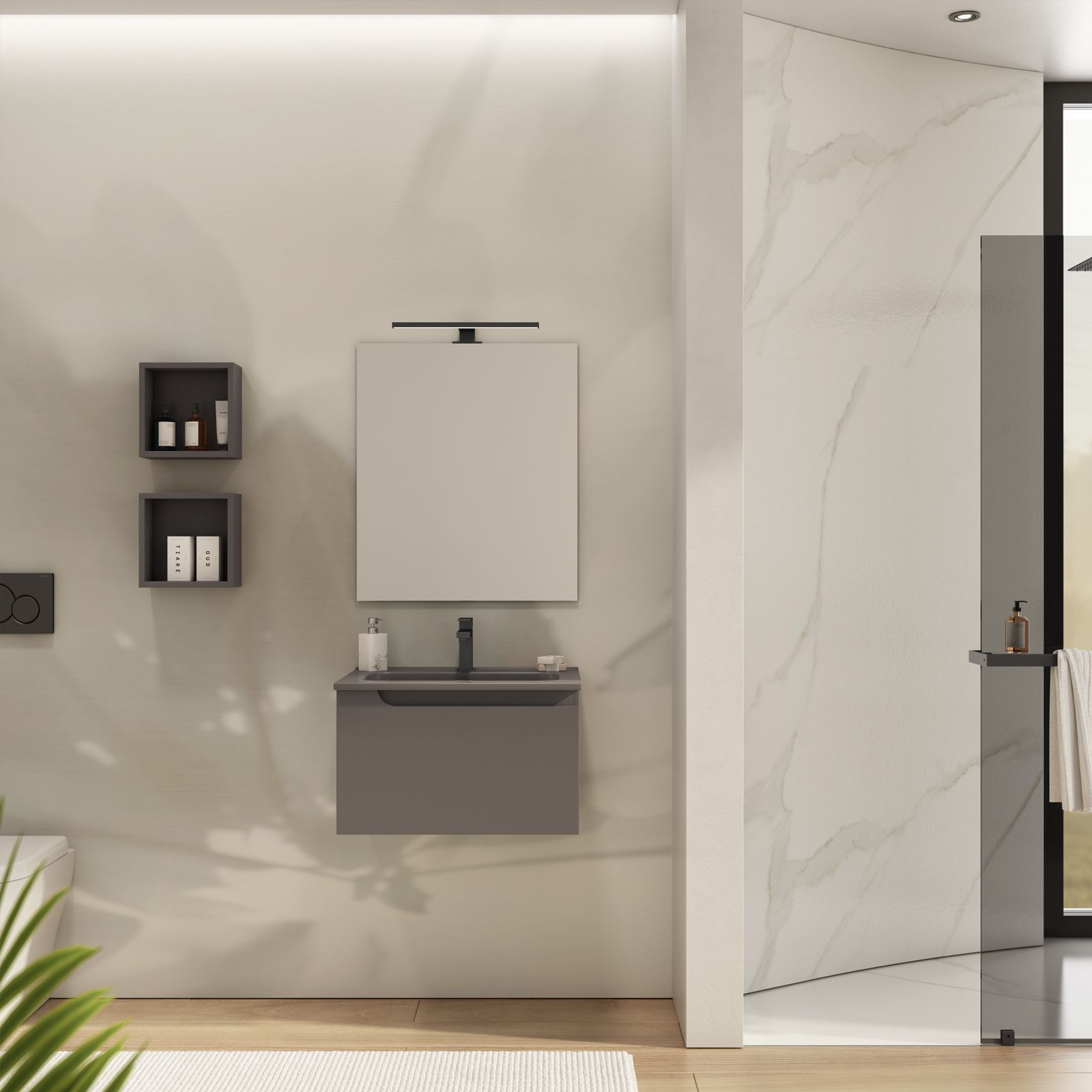 Mobile bagno sospeso 60 cm con lavabo integrato grigio opaco e specchio -  Agave Color