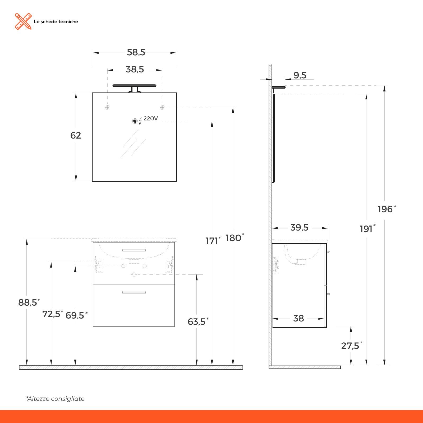 Armadietto da bagno con specchio e luci LED 60 x 60 cm CHABUNCO