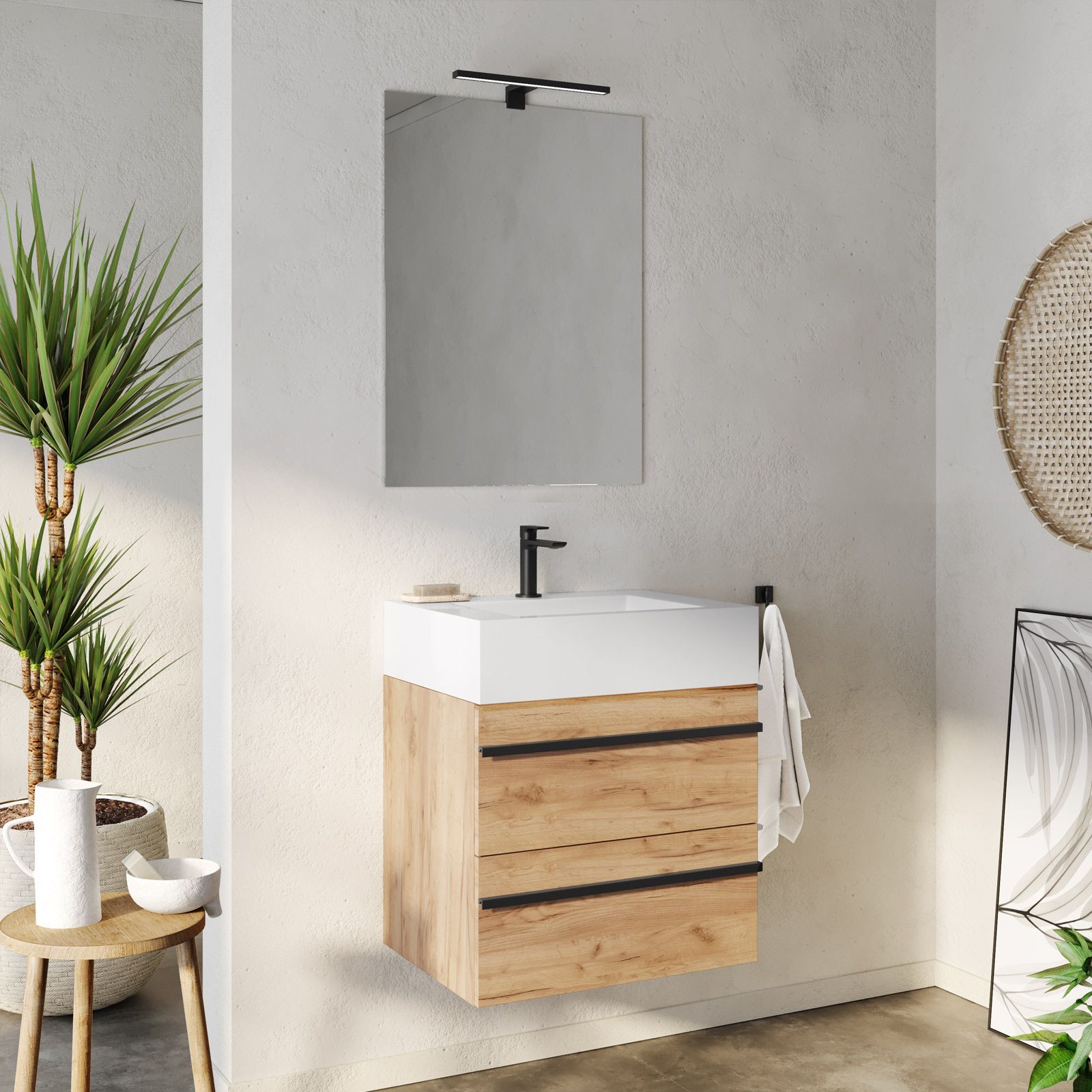 Mobile bagno sospeso 60 cm rovere africa con top lavabo bianco