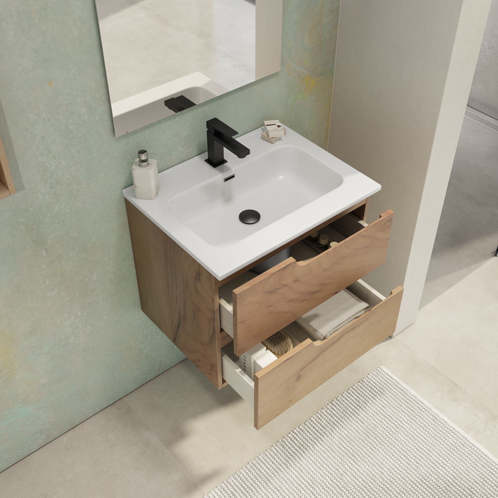 Mobile bagno sospeso 60 cm con lavabo integrato color rovere deserto e  specchio - Agave Plus