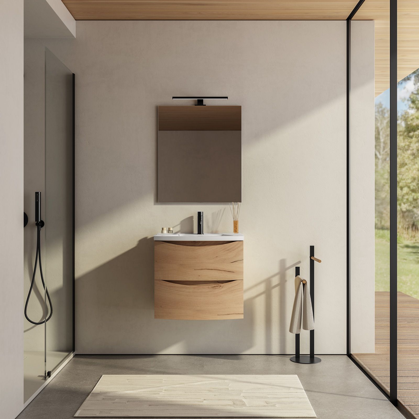 Mobile bagno sospeso 60 cm rovere europeo con lavabo e specchio - Jasmine