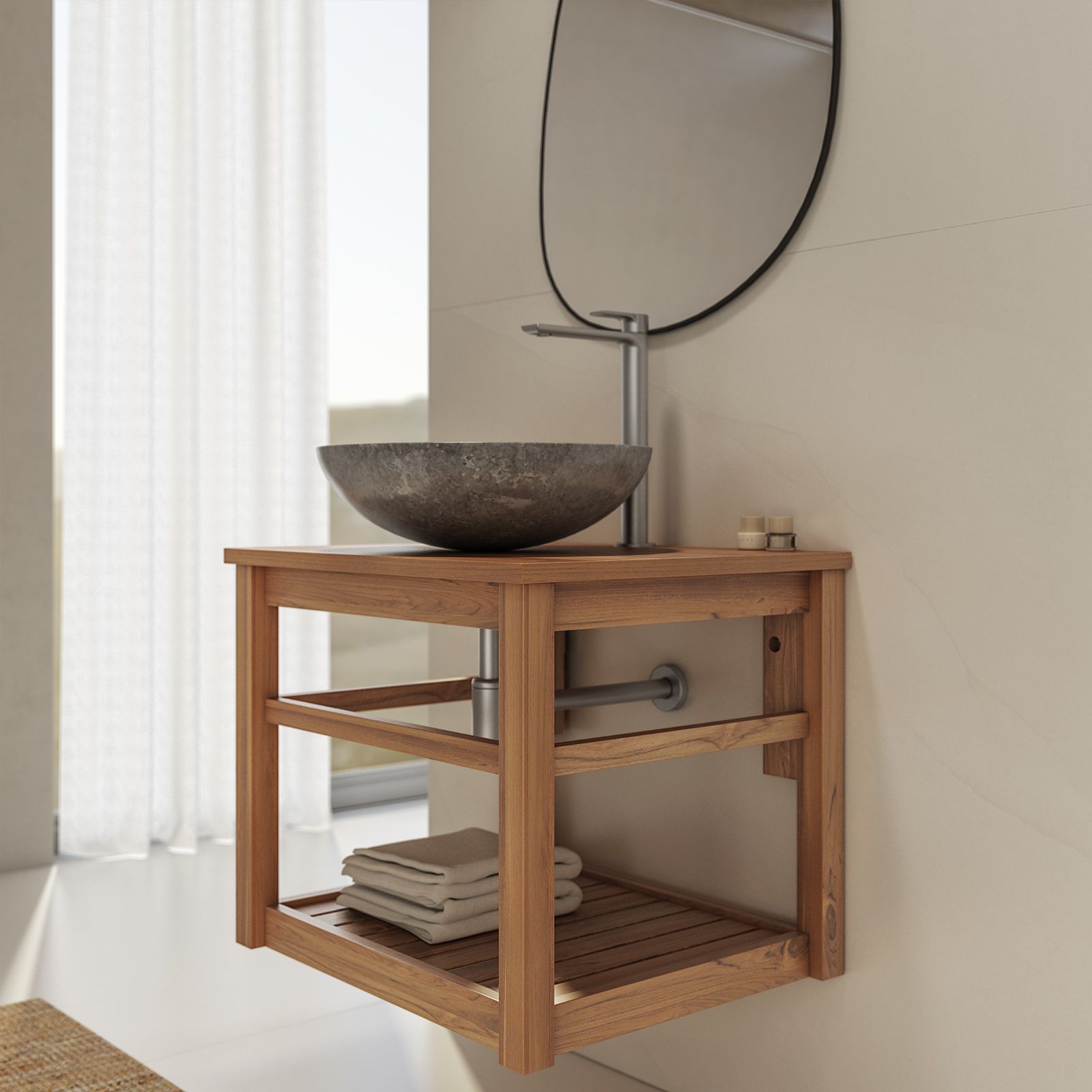 Mobile Bagno Teak 60 Cm 2 Ante con Pensile Sospeso Lavabo e Specchio