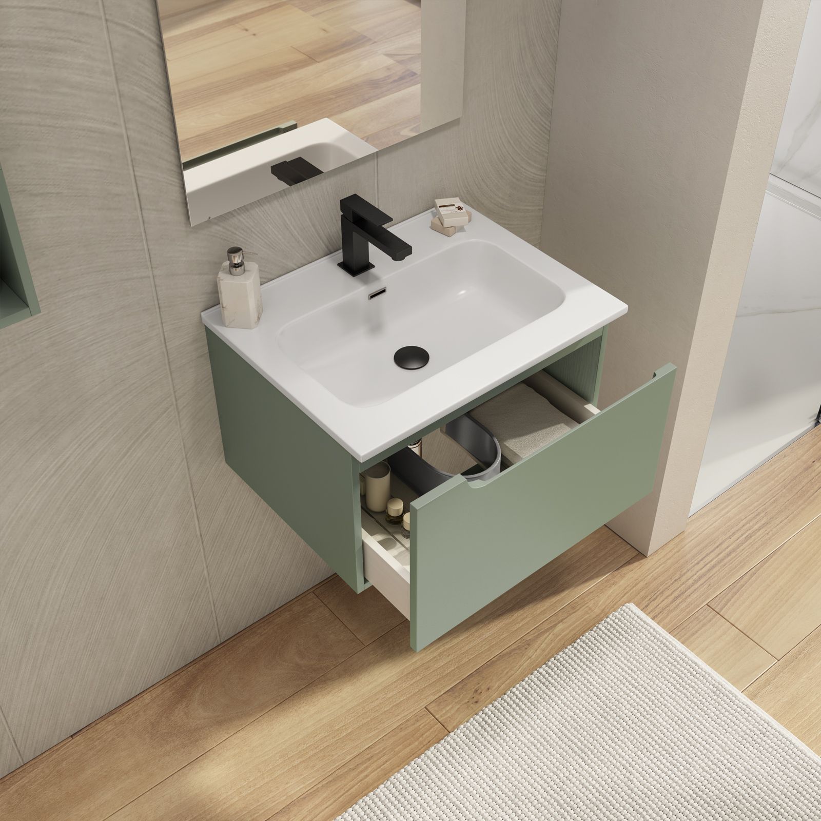 Mobile bagno sospeso 60 cm con lavabo integrato verde street opaco