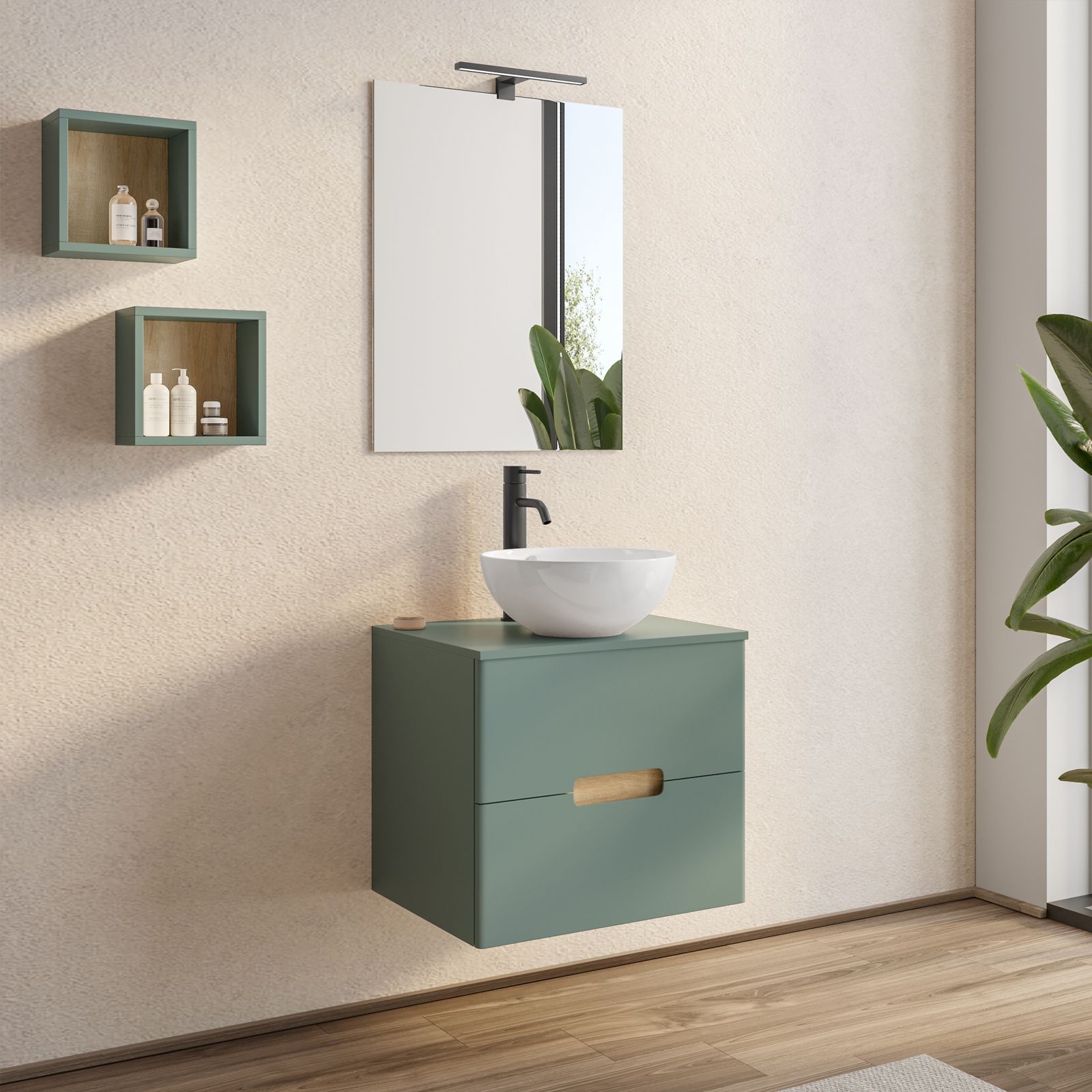 Mobile Bagno Sospeso 60 cm Verde Comodoro con Lavabo in ceramica e