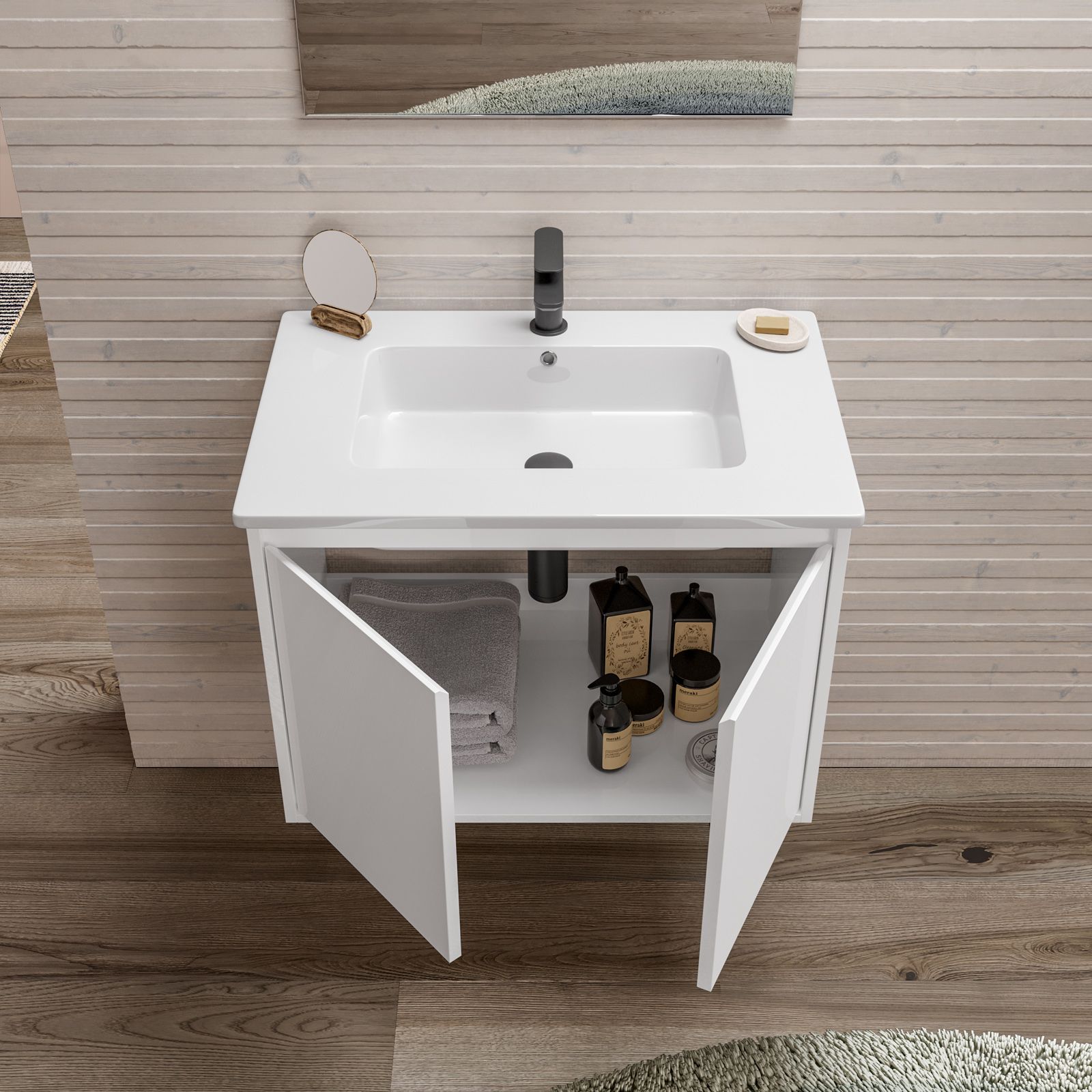 Mobile bagno sospeso 70 cm blu esotico opaco con lavabo e specchio