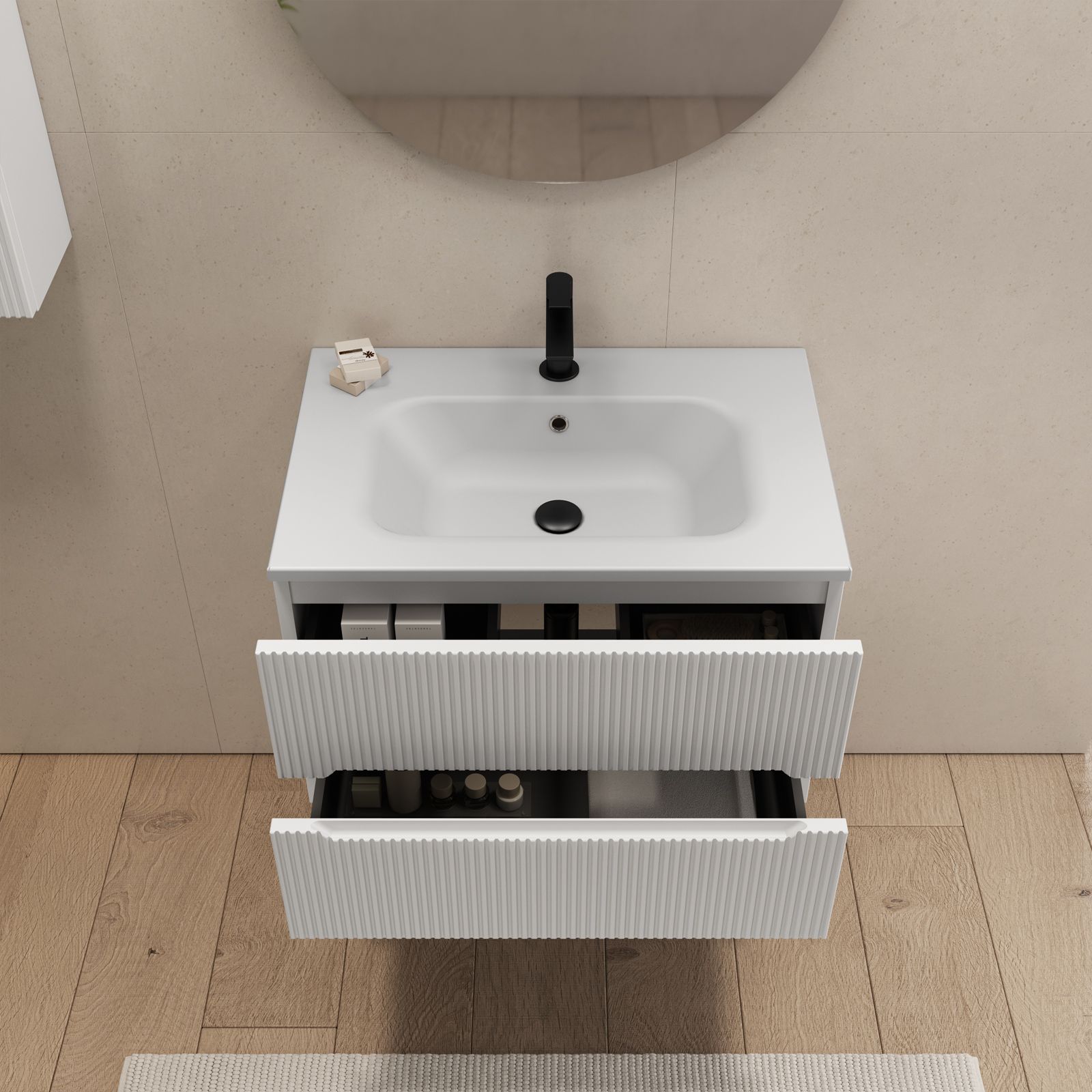 Mobile bagno Astro da 80 cm sospeso lavabo in ceramica e specchio con  optional cassettiera laterale