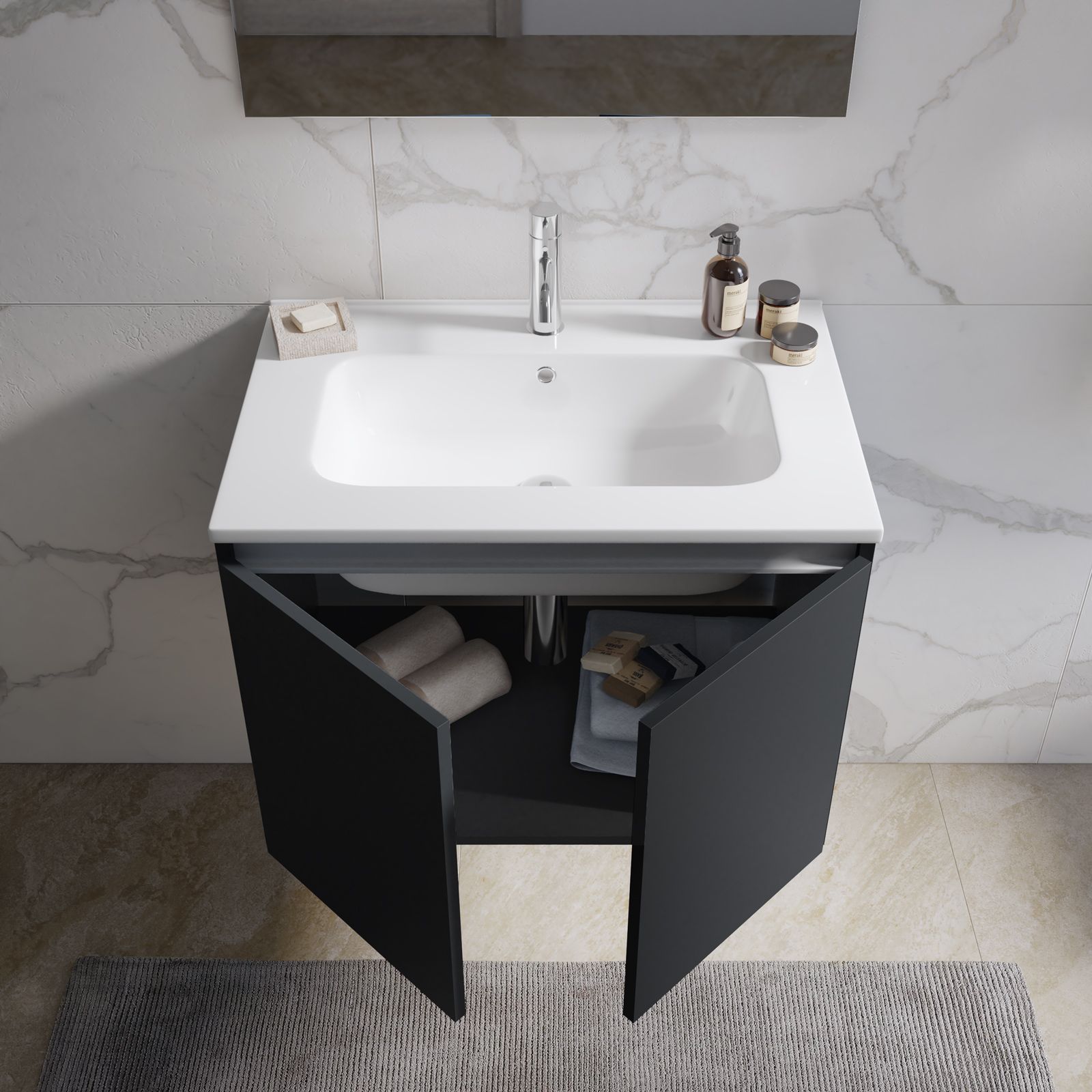 Mobile bagno sospeso 70 cm nero opaco con lavabo in ceramica e specchio -  Cuki