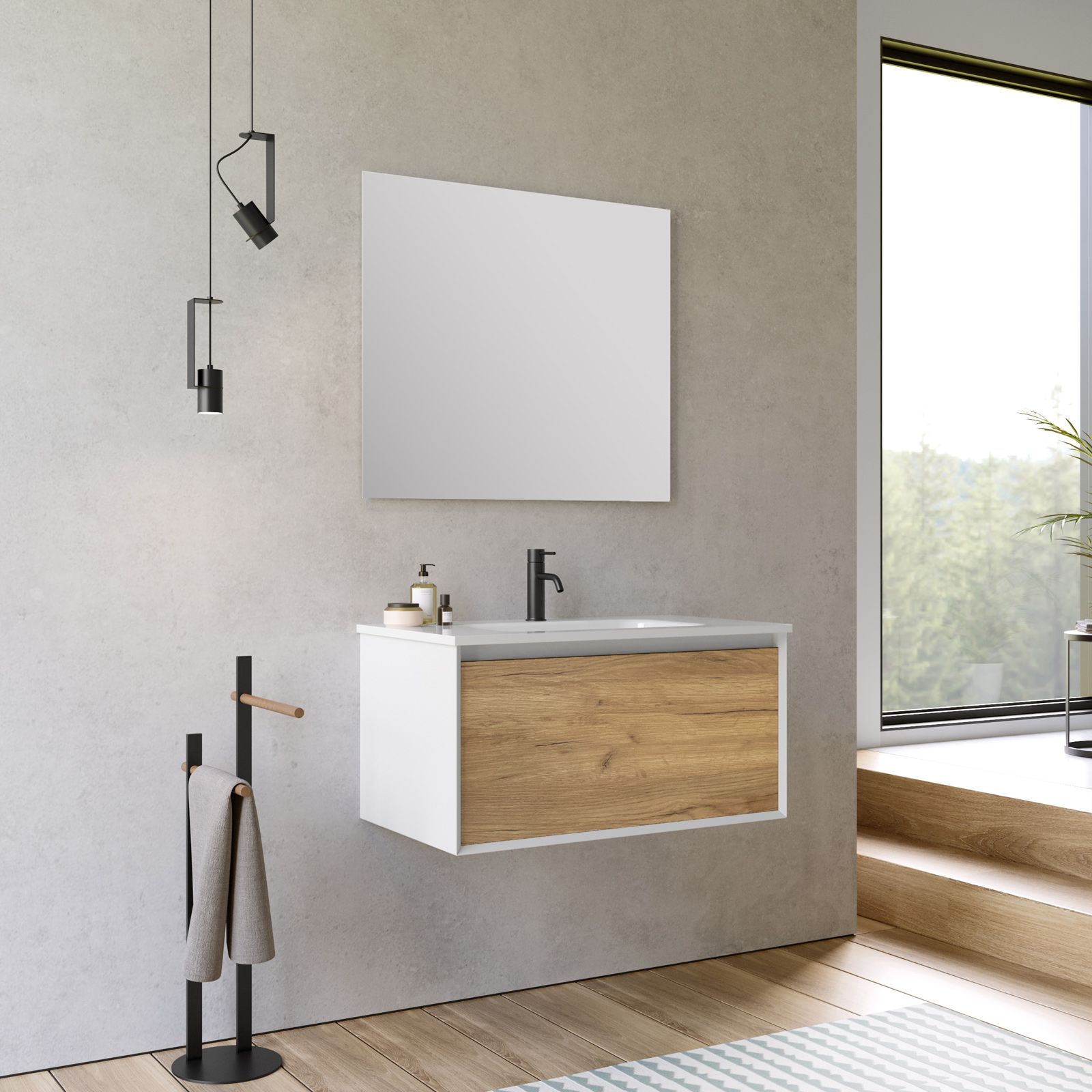 Mobile bagno sospeso 80 cm bianco e rovere europero con lavabo integrato e  specchio - Julia
