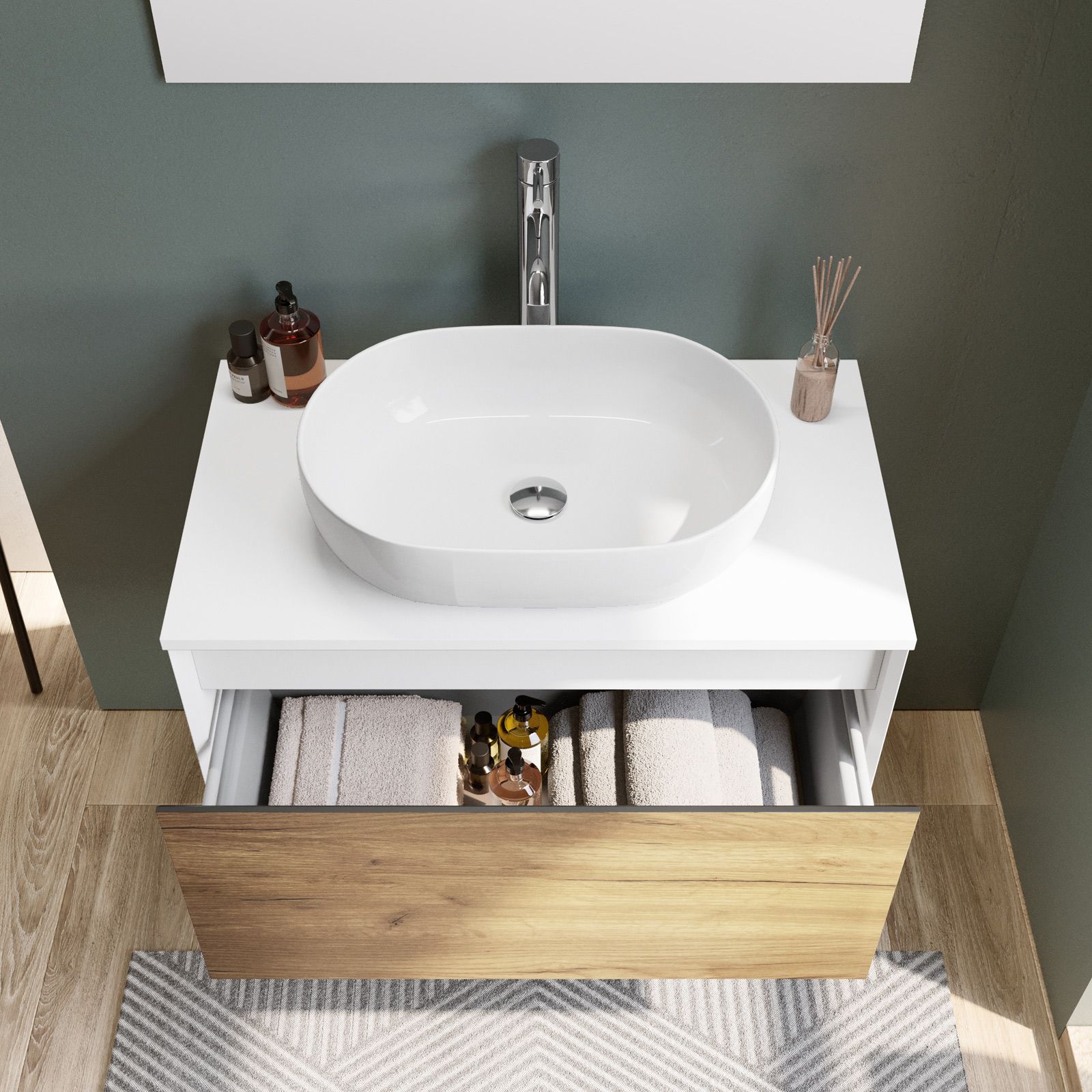 Mobile bagno sospeso 120 cm bianco e rovere europeo con lavabo integrato e  specchio - Julia