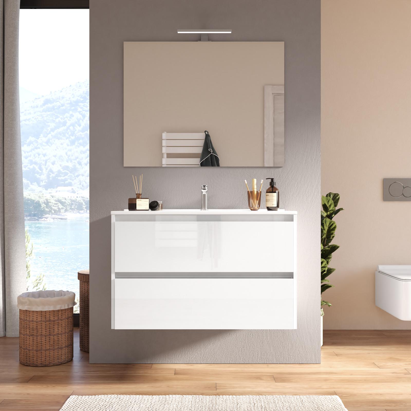 Lomadox Mobile Bagno Con Lavabo In Ceramica E Specchio – 80 Cm, Bianco Lucido Con Inserti Rovere – 2 Cassetti Softclose, Set Completo - 2