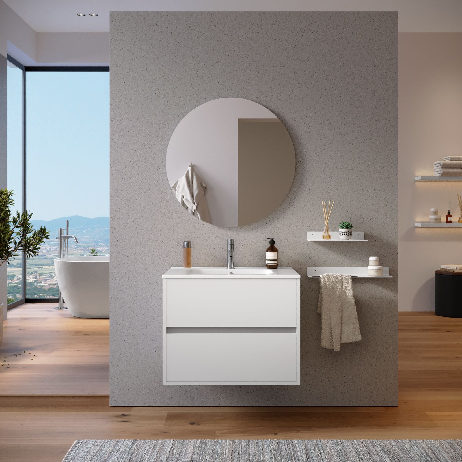 Mobile bagno sospeso 80 cm Smart bianco legno con specchio contenitore