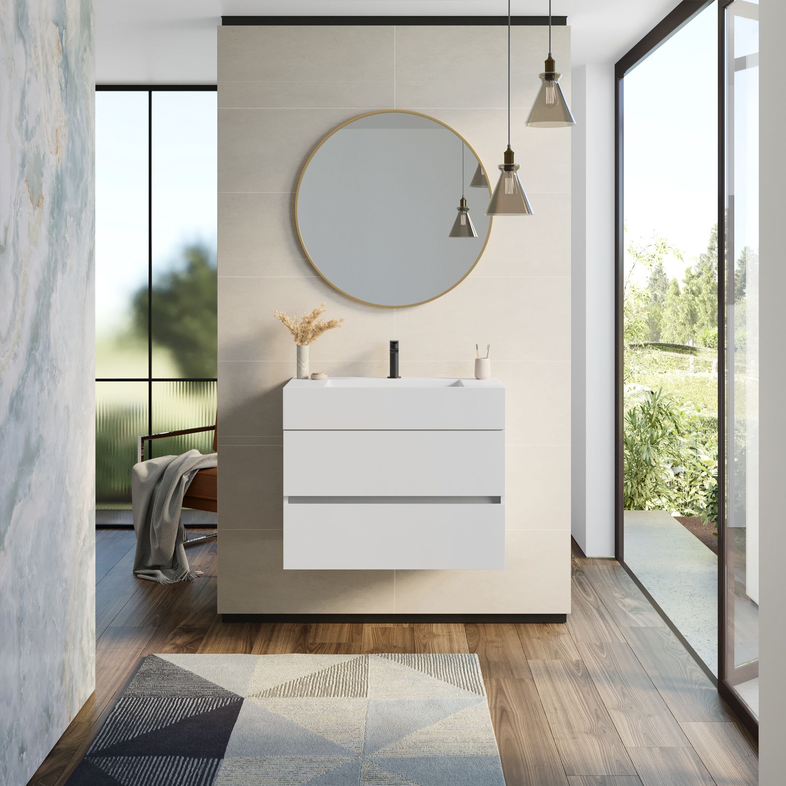 Mobile bagno sospeso 80 cm bianco opaco con top lavabo e specchio - Cover