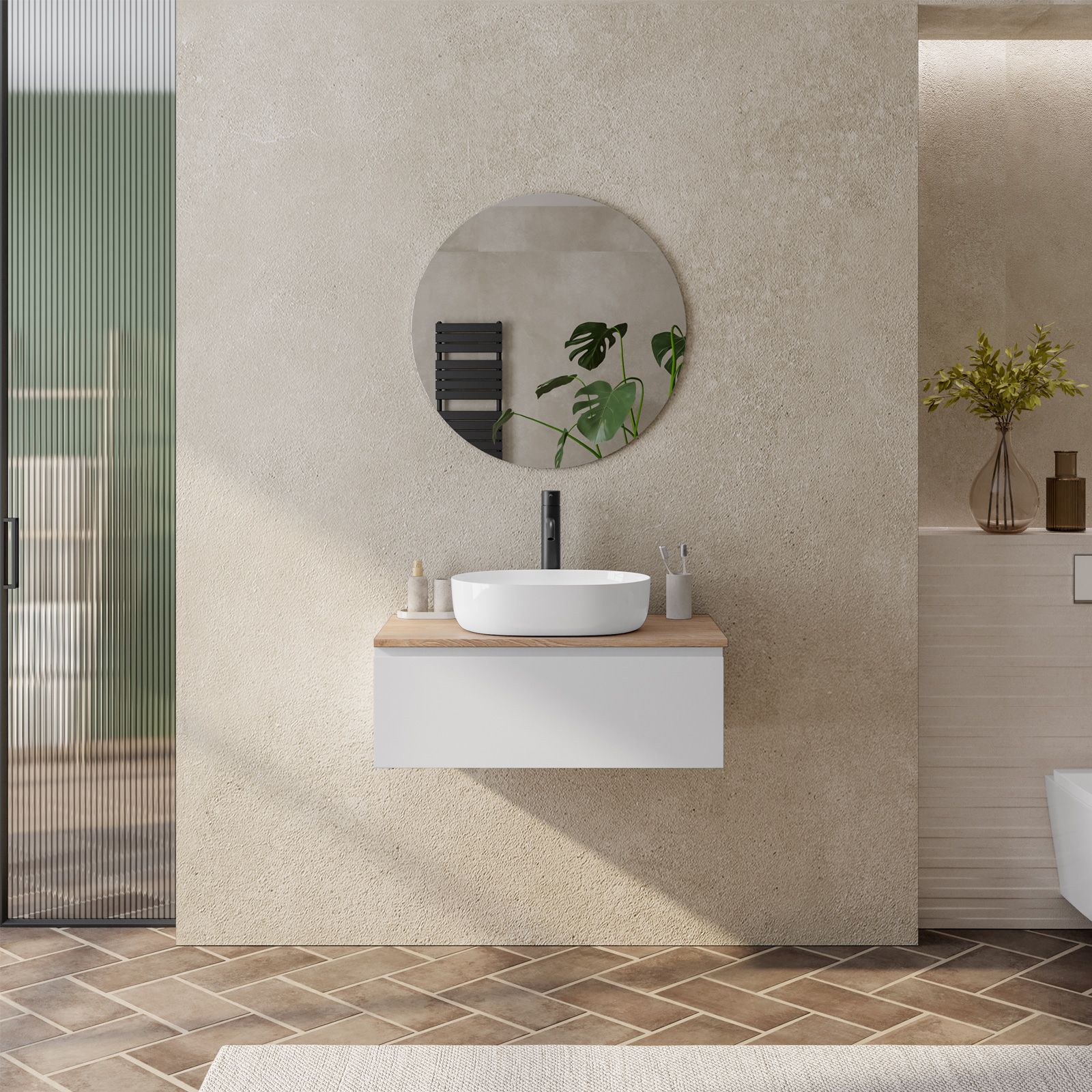 Mobile bagno sospeso 80 cm bianco wedding con top rovere effetto legno e  con specchio - Verano