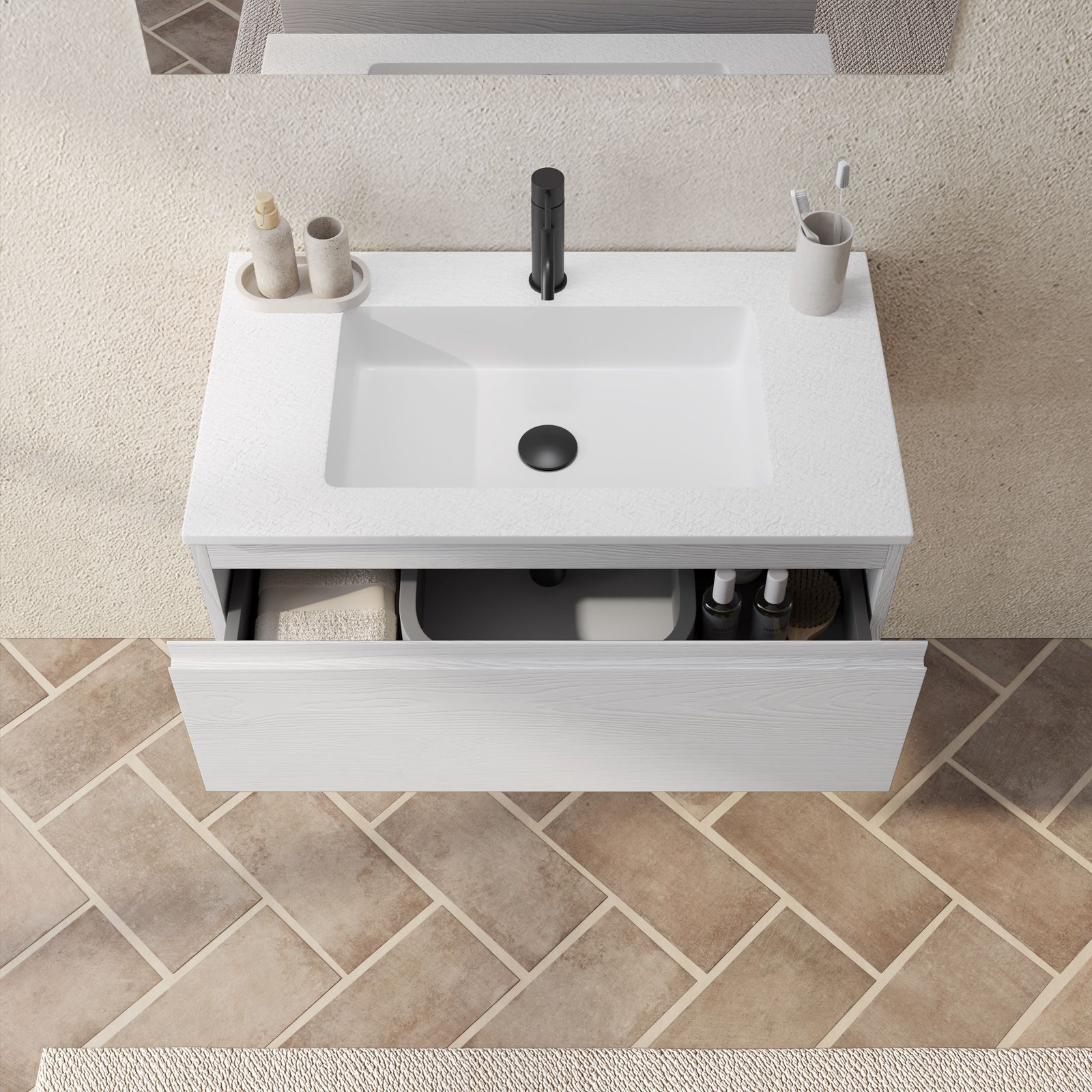 Mobile bagno sospeso Lario con lavabo e specchio bianco 80x46x48 H cm