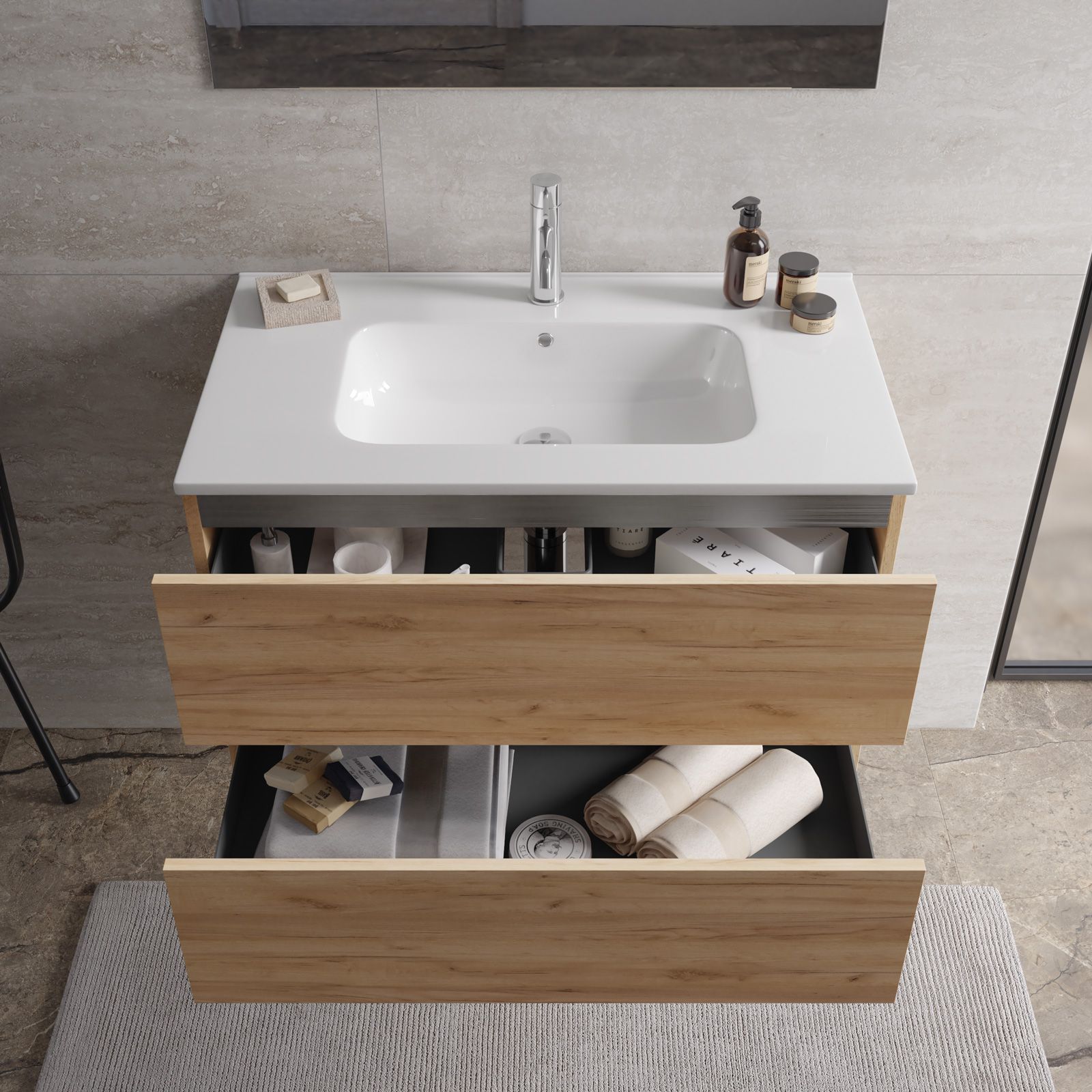 Mobile bagno sospeso con cassetti 80 cm rovere deciso con lavabo in  ceramica e specchio - Cuki