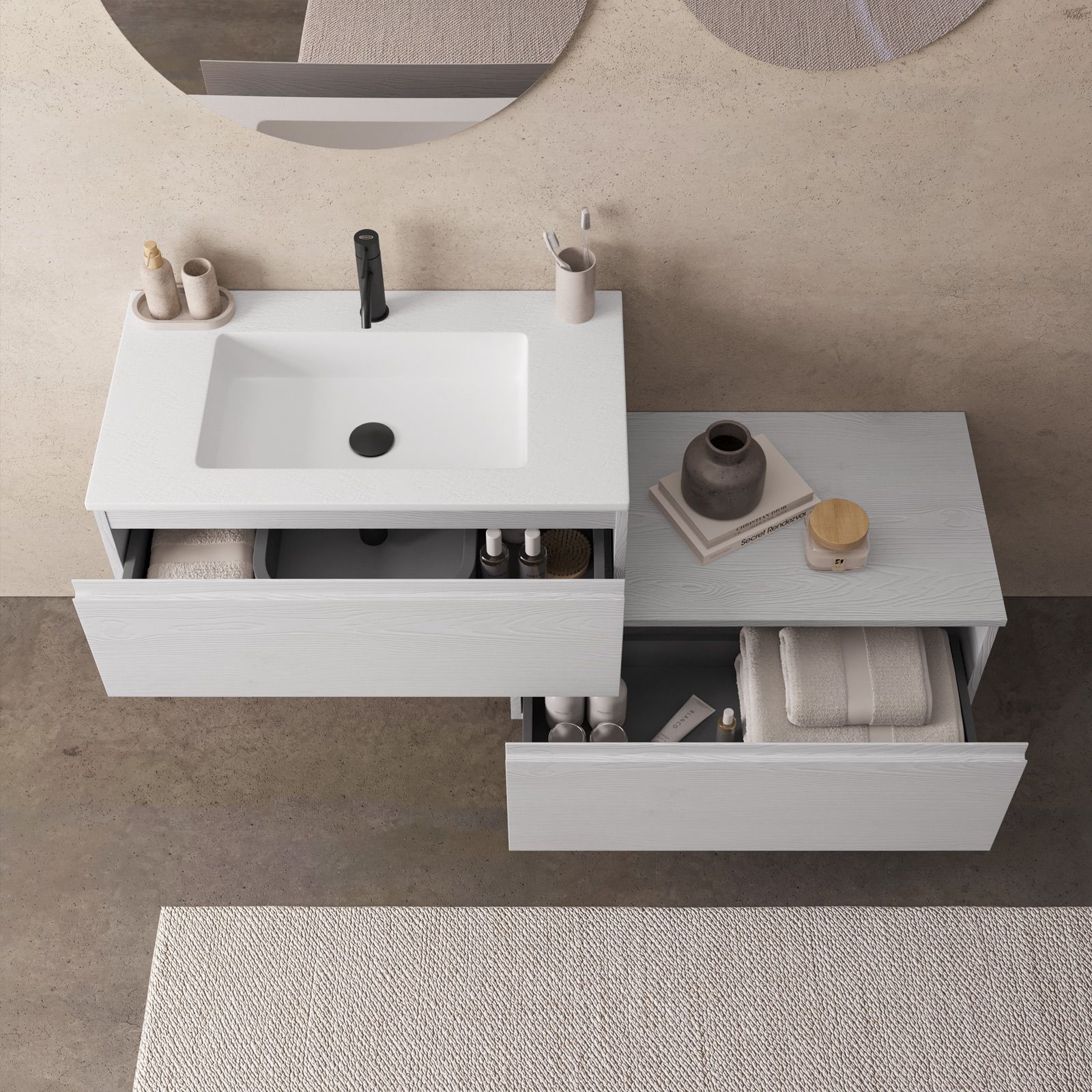 Mobile bagno sospeso 80 cm con cassettone bianco petalo e lavabo bianco  effetto pietra - Verano