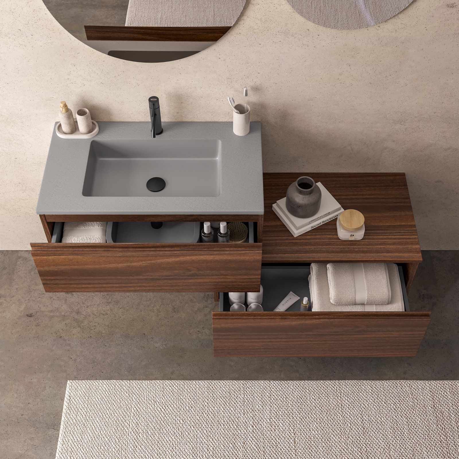 Mobile bagno sospeso 80 cm con cassettone rovere deciso e lavabo