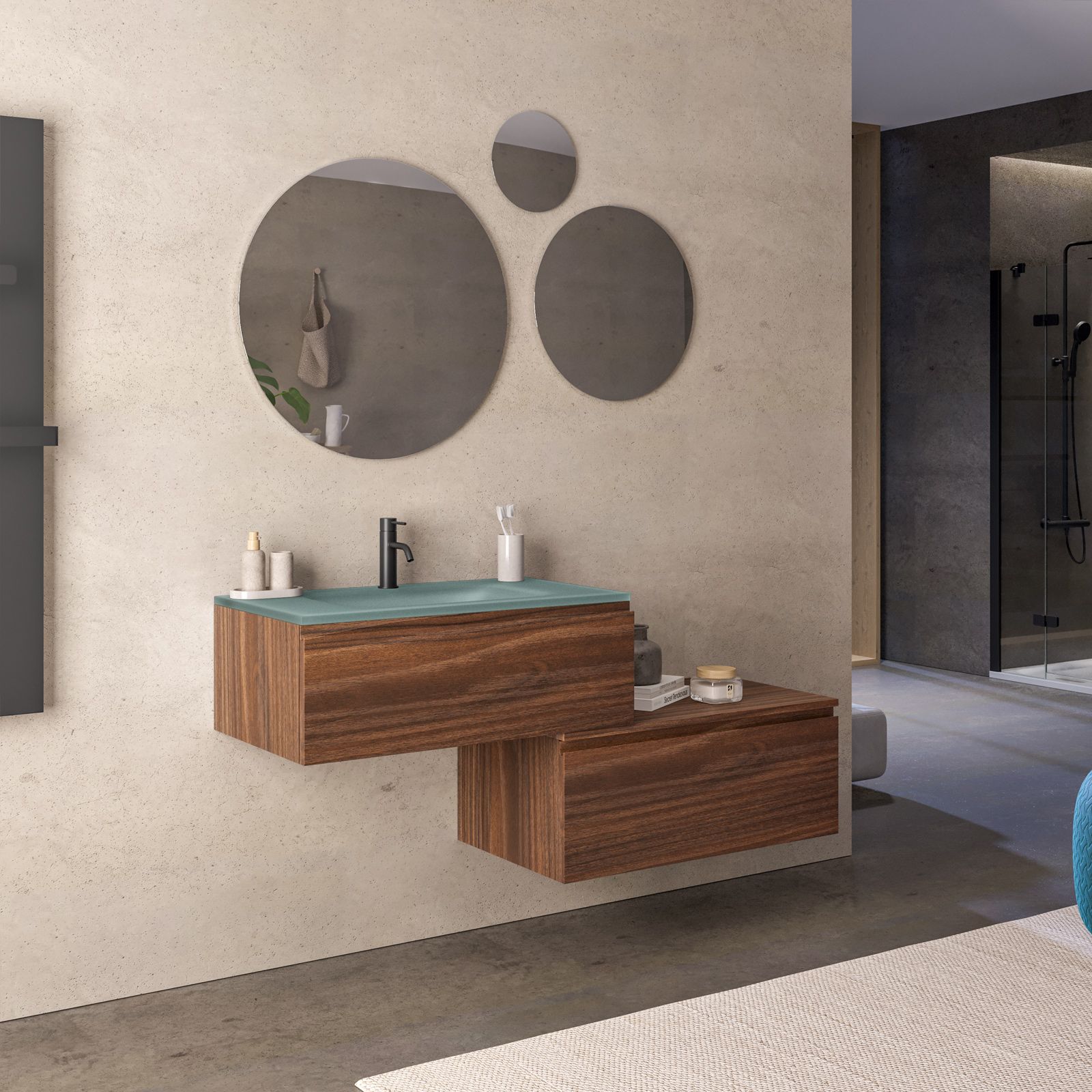 Mobile bagno sospeso 80 cm con cassettone rovere deciso e lavabo in vetro  verde - Verano