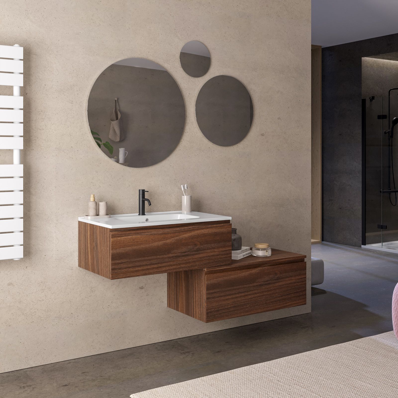 Mobile bagno sospeso 80 cm con cassettone rovere deciso e lavabo integrato  in ceramica - Verano