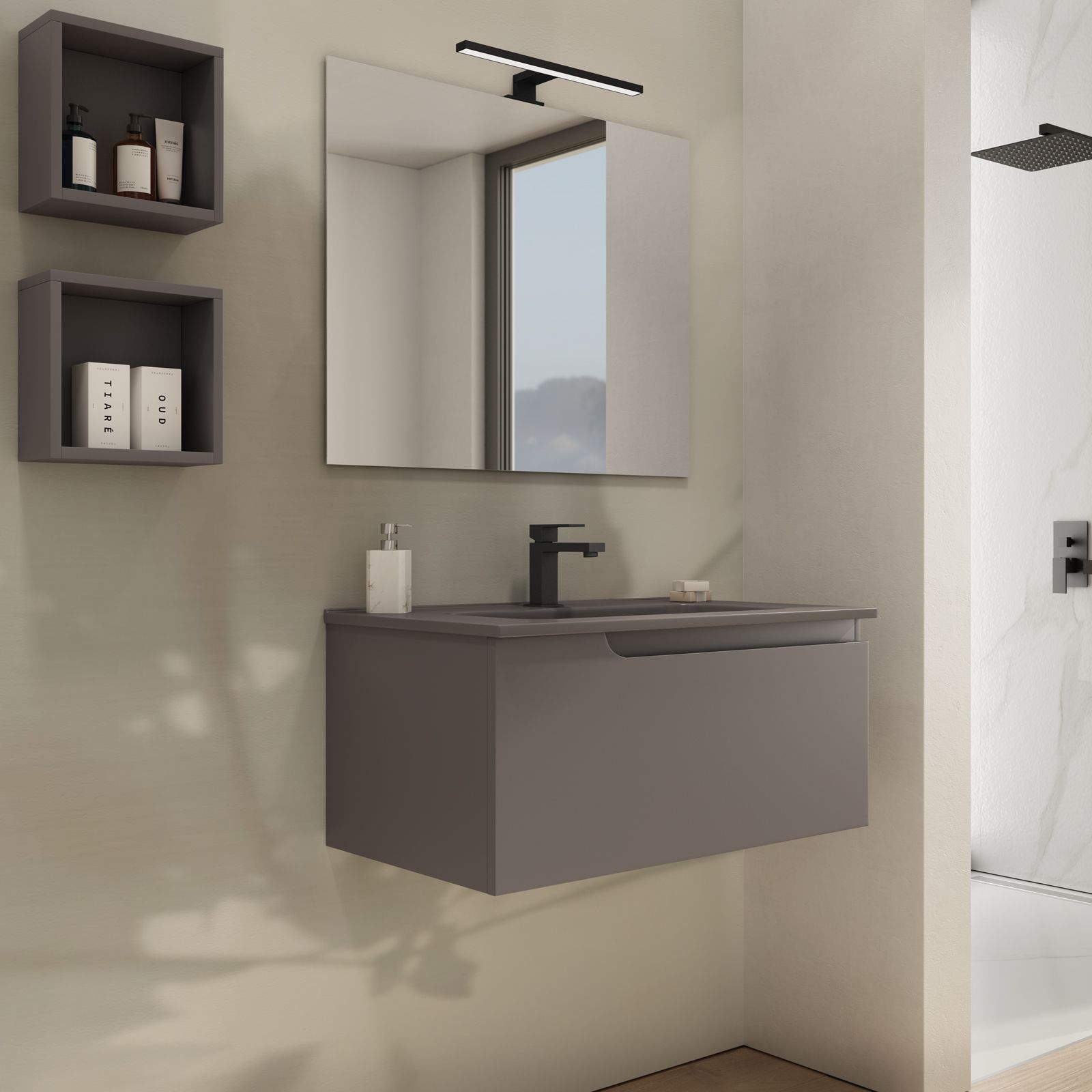 Mobile Bagno Aperto Moderno Sospeso Color Grigio Nuvola da 80 cm