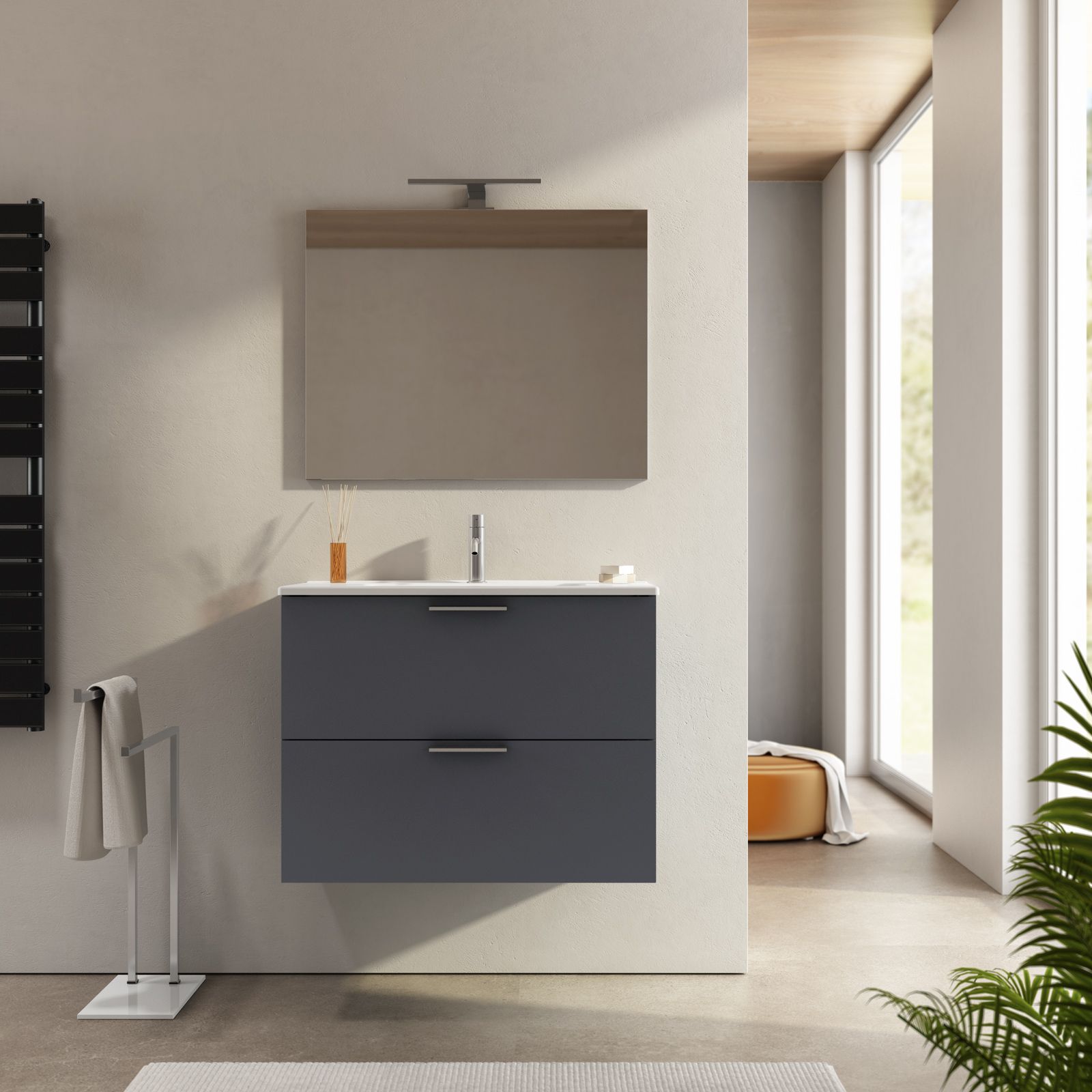 Bagno completo con mobile bagno sospeso 80 cm grigio con specchio