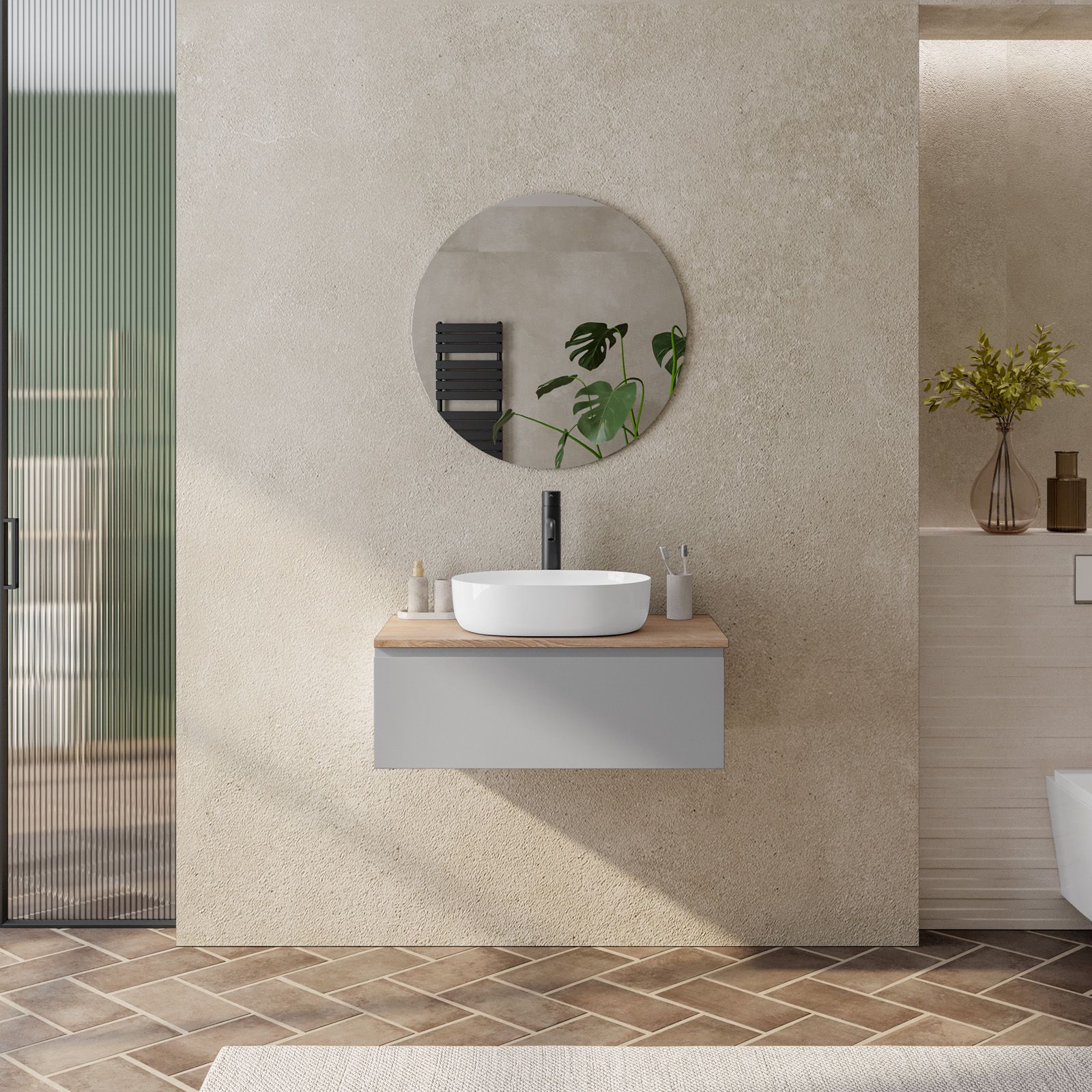Mobile bagno sospeso 80 cm grigio opaco con top rovere effetto legno e  specchio - Verano