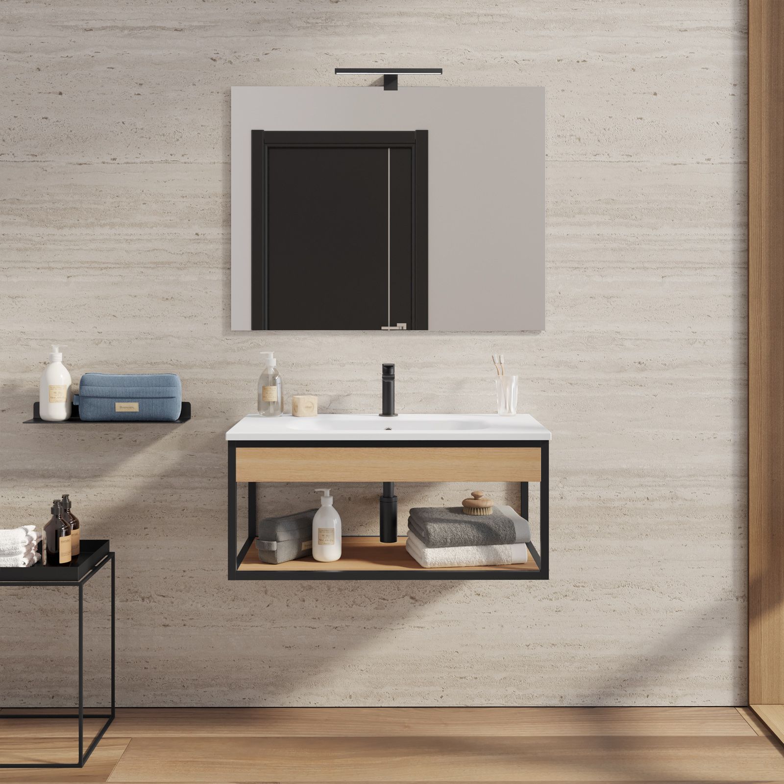 Mobile bagno sospeso 80 cm nero e rovere con lavabo integrato e specchio -  Axis