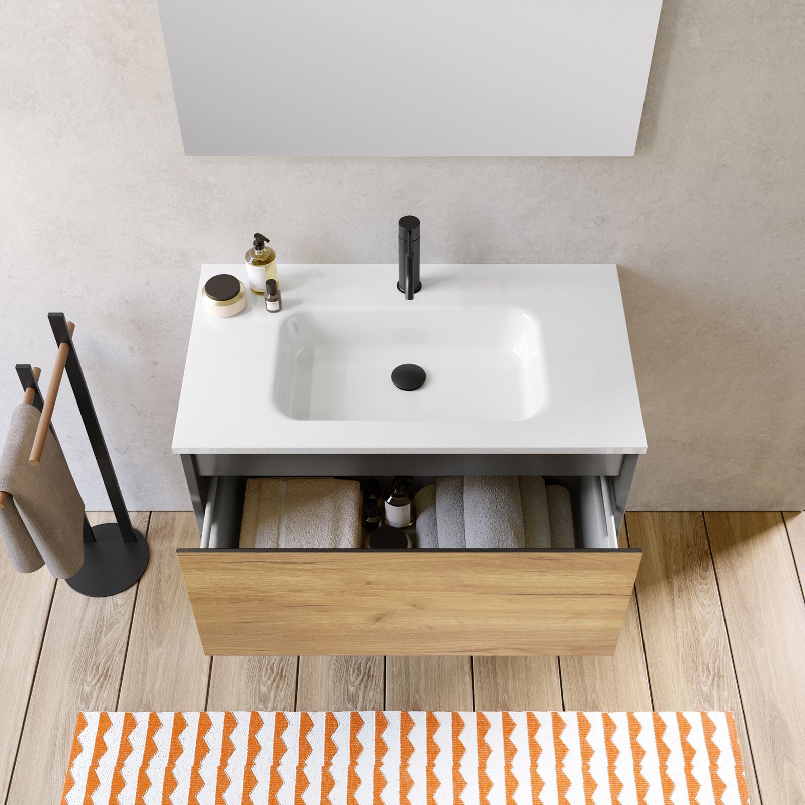 Mobile bagno sospeso 80 cm antracite e rovere europero per lavabo  d'appoggio con specchio - Julia