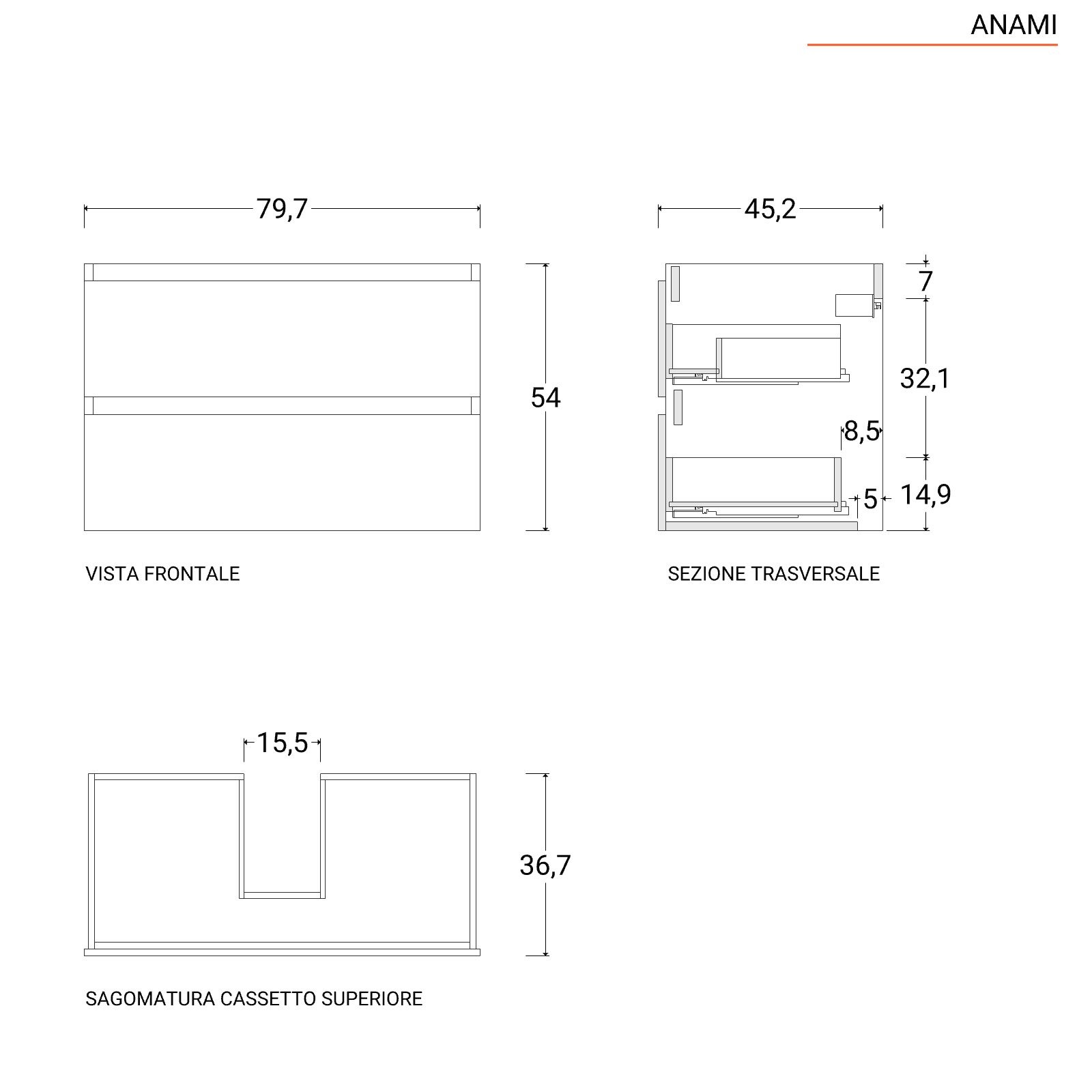 Mobile bagno sospeso 80 cm nero opaco con lavabo integrato e specchio -  Anami