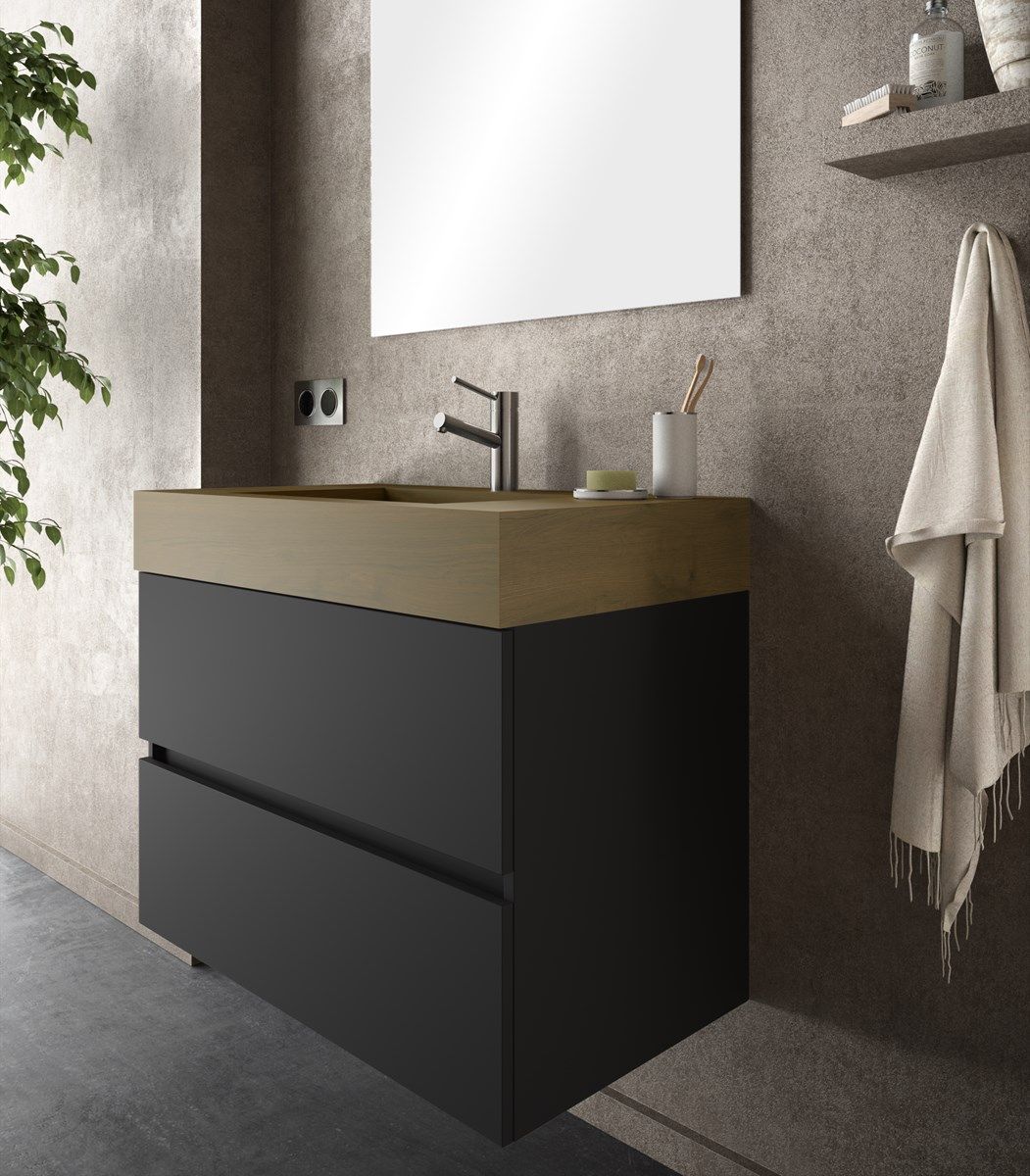 Mobile bagno sospeso da 80 cm soft touch nero carbone opaco con top lavabo  e specchio 