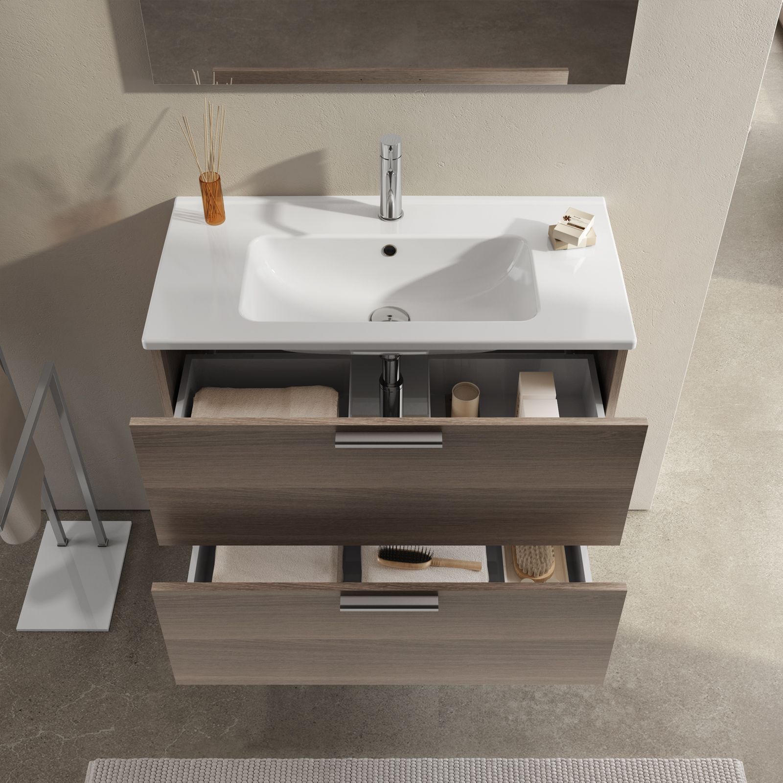 Mobile bagno sospeso cannettato 90 cm noce canaletto con specchio