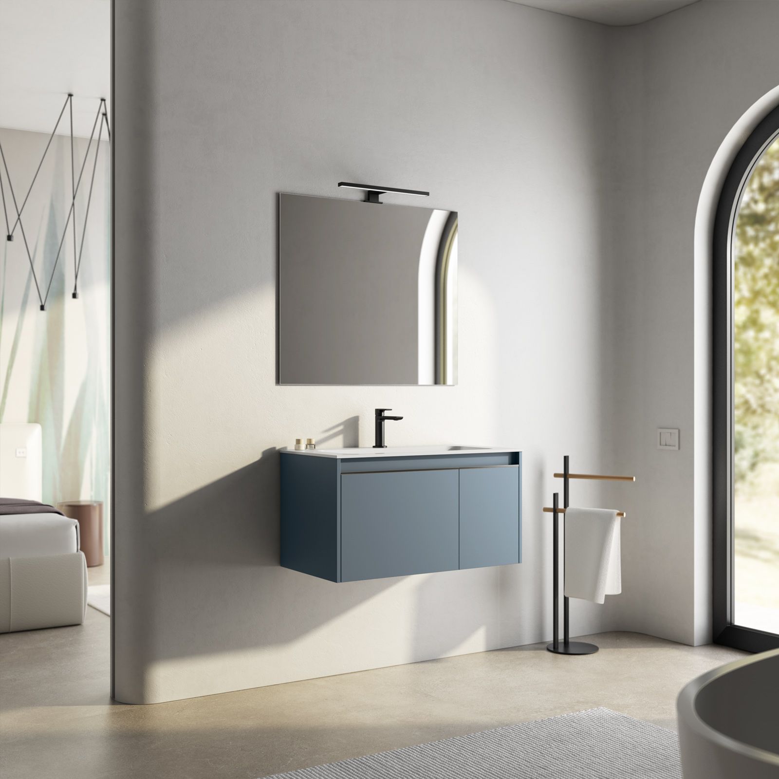 Mobile Bagno Sospeso 80 Cm Blu Oceano con Colonna Lavabo e Specchio