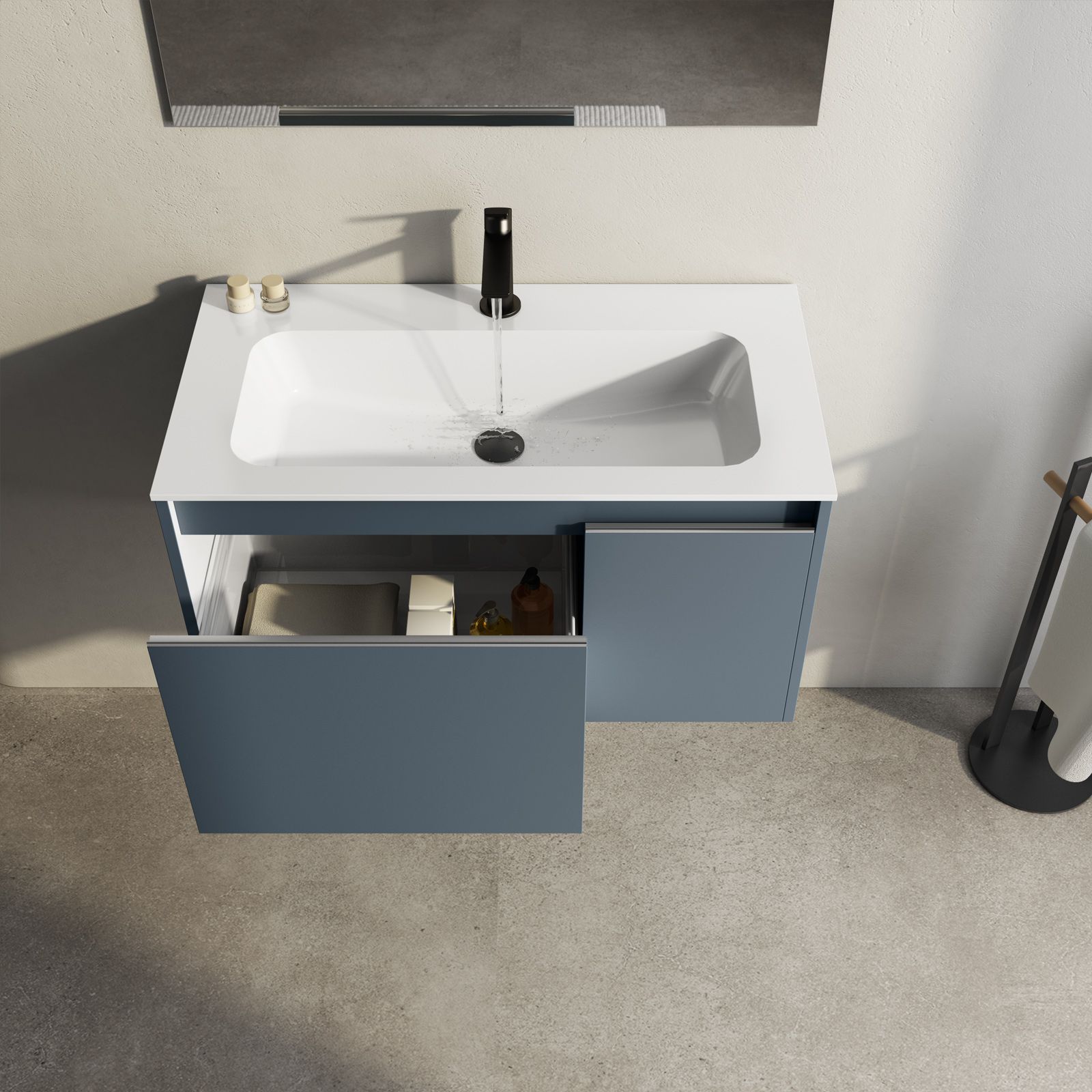 Mobile Bagno Sospeso 80 Cm Blu Oceano con Colonna Lavabo e Specchio