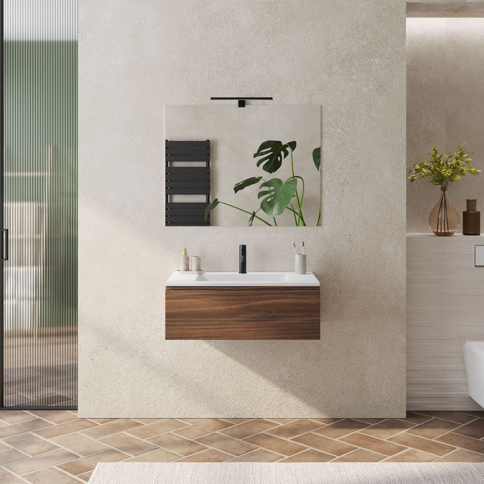 Mobile bagno sospeso Lario con lavabo e specchio rovere 80x46x48 H cm