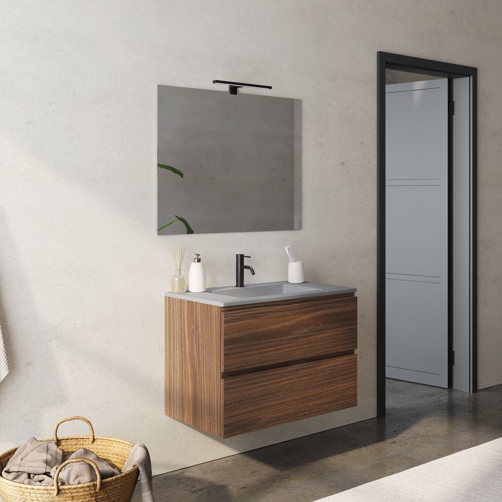 Mobile bagno sospeso 80 cm rovere deciso con lavabo grigio effetto