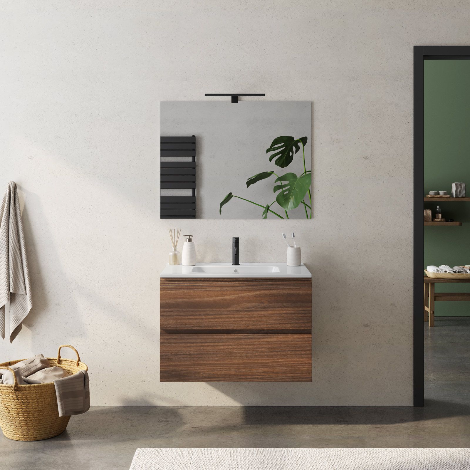 Mobile Bagno Sospeso 80 cm Rovere Slavonia con Specchio Contenitore Soft -  Spazio