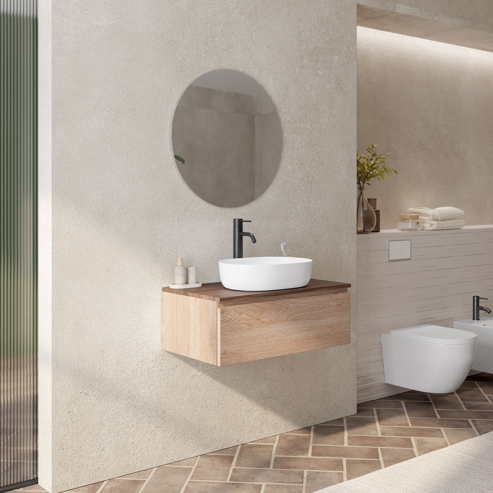 Mobile Bagno Sospeso Urban Effetto Legno 80x47 con Specchio Incluso